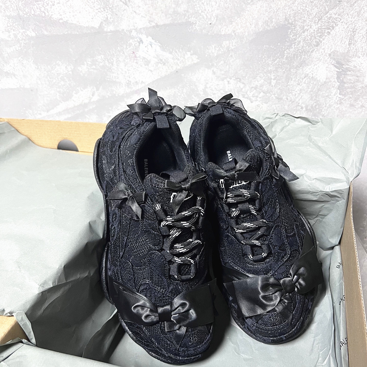 Balenciaga Triple S Black Lace Mesh Fabric Ribbon Satin Bow Lace Up Chunky Sneakers - KAIROO