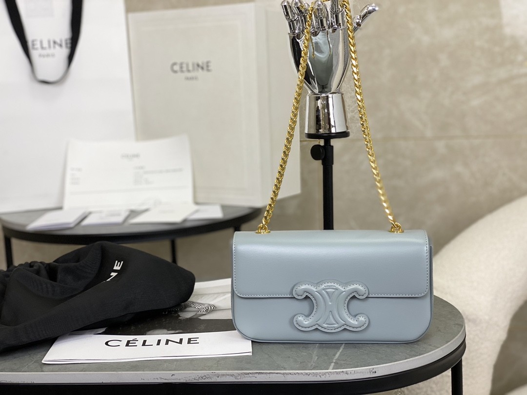 Celine Baby Blue Shiny Calfskin Horizontal Long Leather Triomphe Patch Gold Chain Bag / 15A - KAIROO