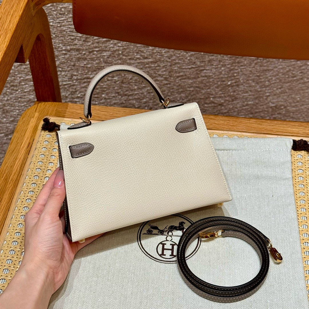 Hermes Bicolor Craie and Gris Asphalte Epsom Mini Kelly 20 II