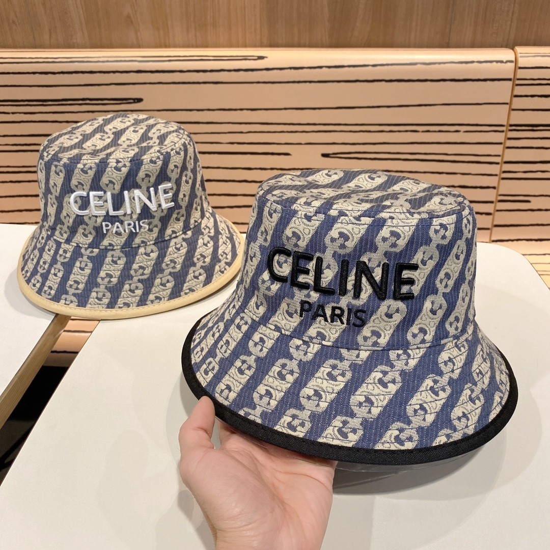 Celine Triomphe Monogram Denim Jacquard Fabric Embroidered Logo Color-Block Edge Bucket Hat - KAIROO