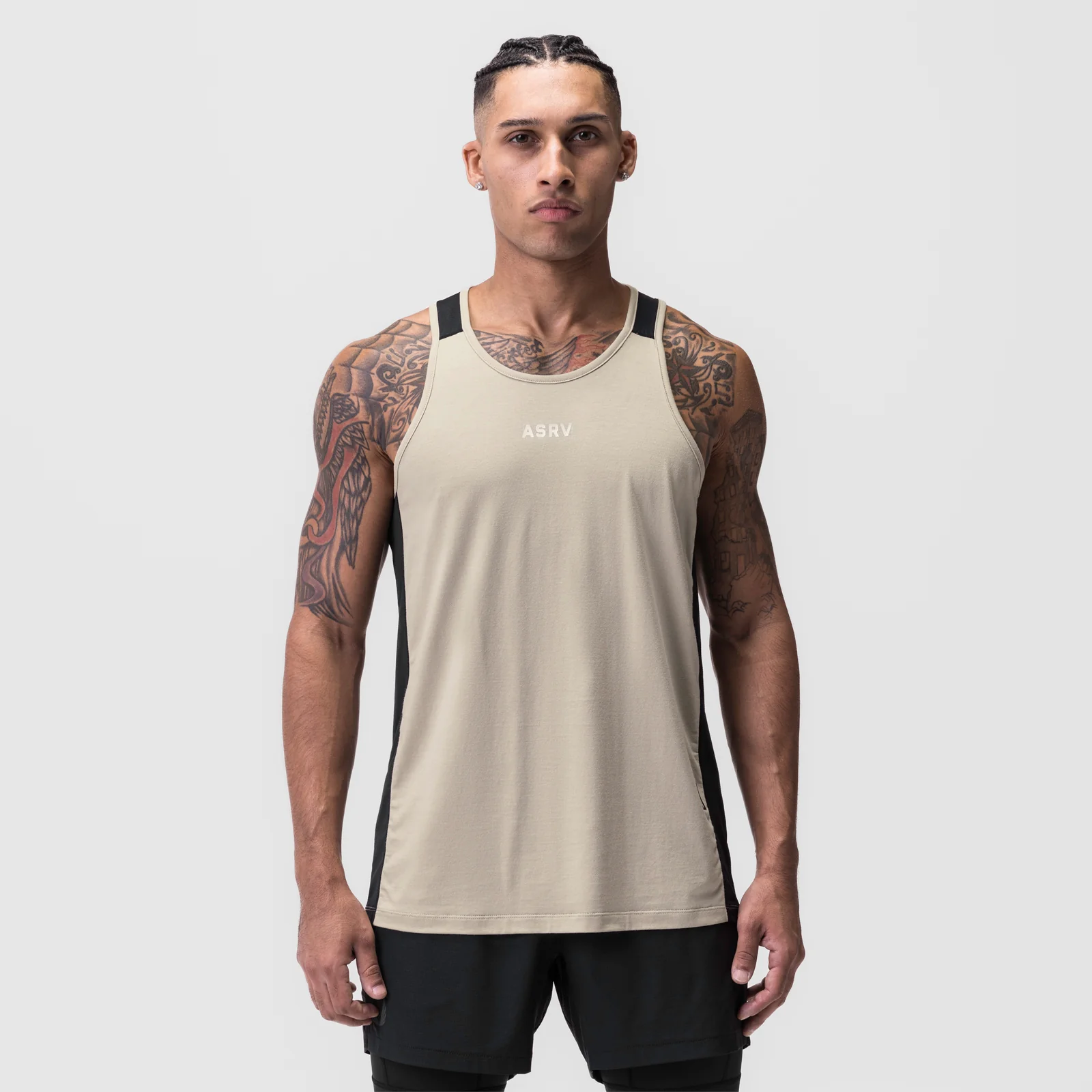 0809. Supima Mesh Panel Training Singlet - Sand Smoke
