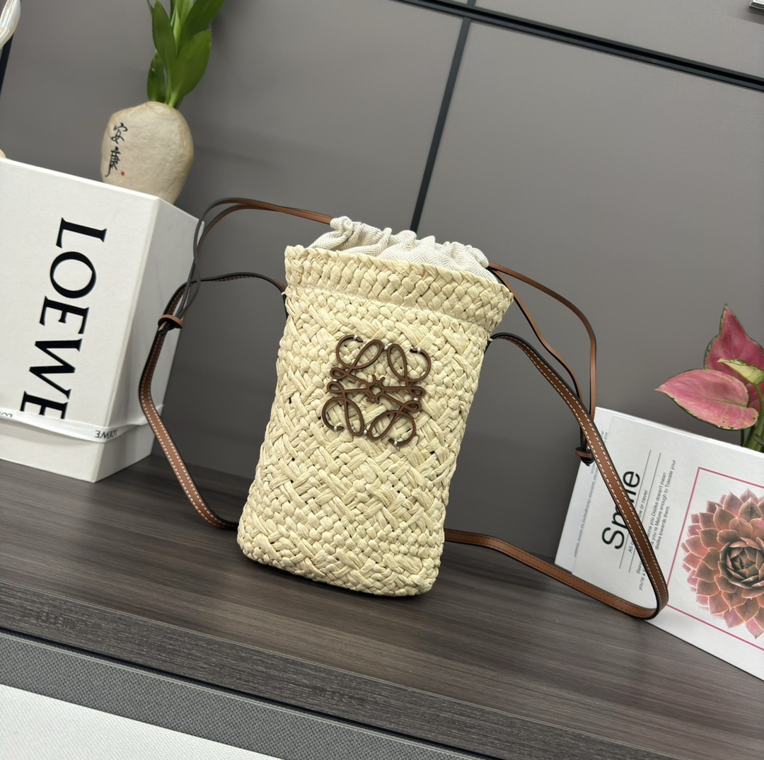 Loewe Woven Straw Smooth Leather Anagram Vertical Phone Pouch Drawstring Shoulder Bag - KAIROO