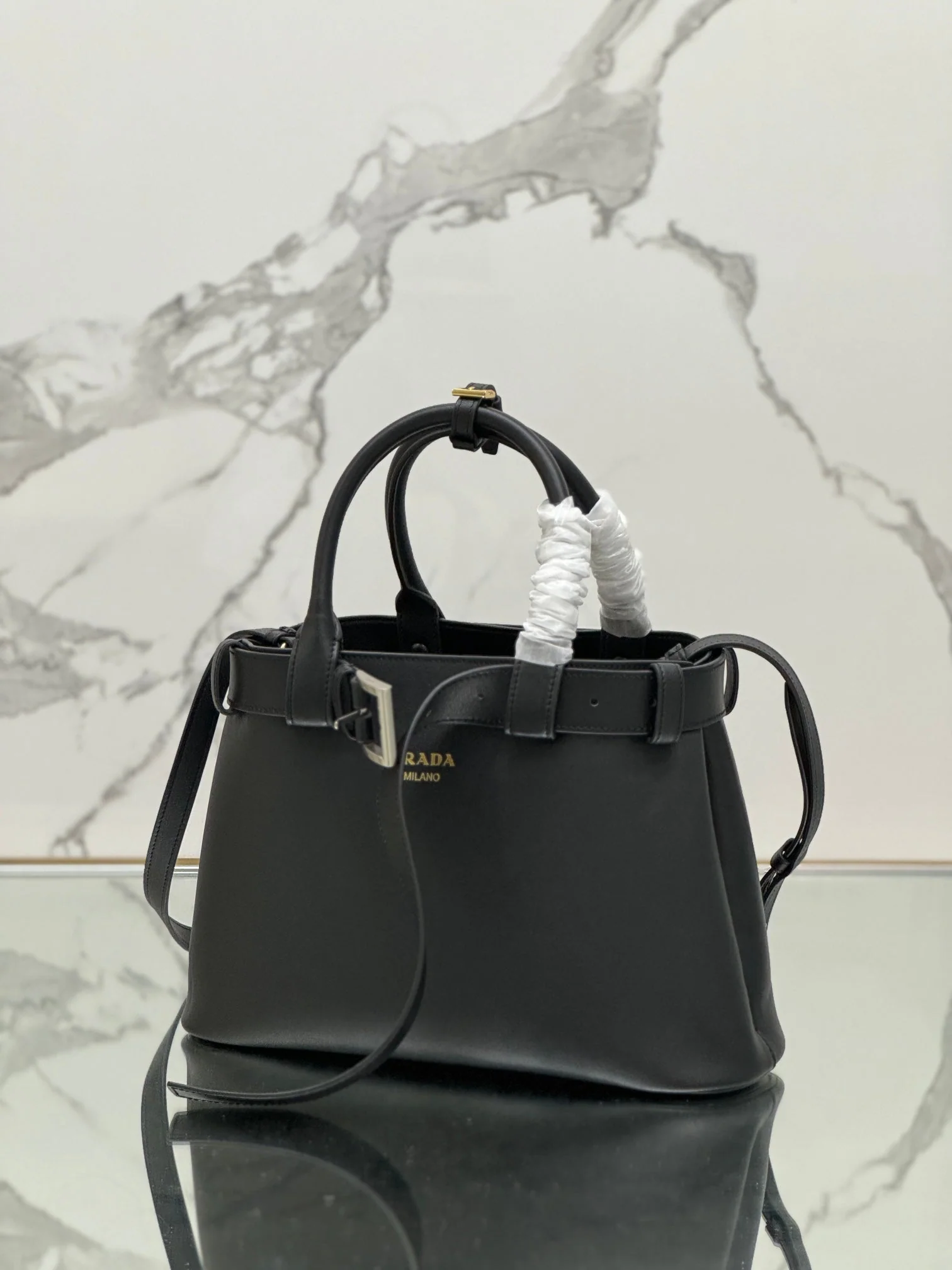Prada TOTE BAG 32 IN BLACK IMPORTED CALFSKIN