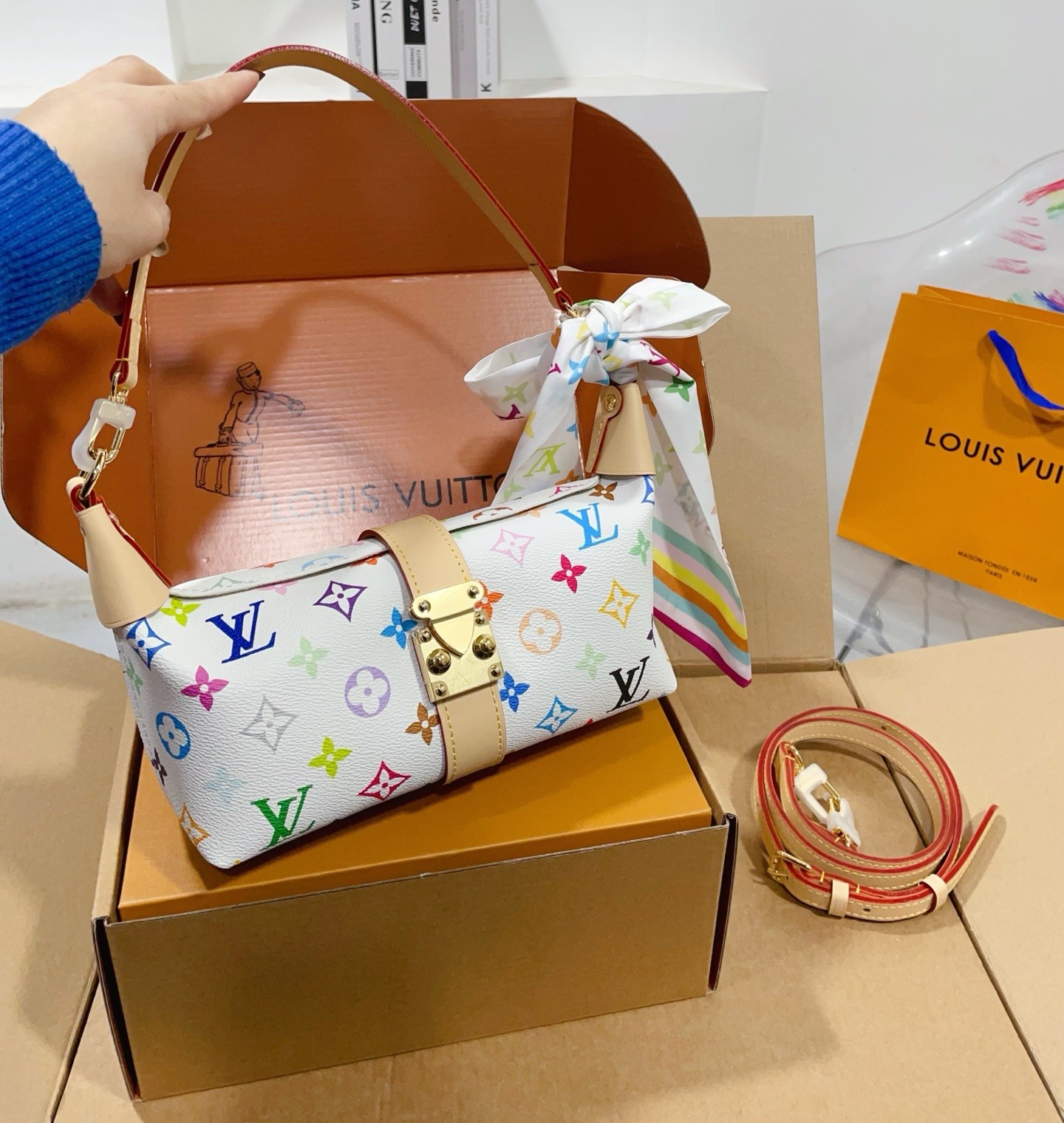 Louis Vuitton LV x TM Pochette Mia White Multicolor S-Lock Horizontal Baguette Hobo Croissant Shoulder Bag - KAIROO