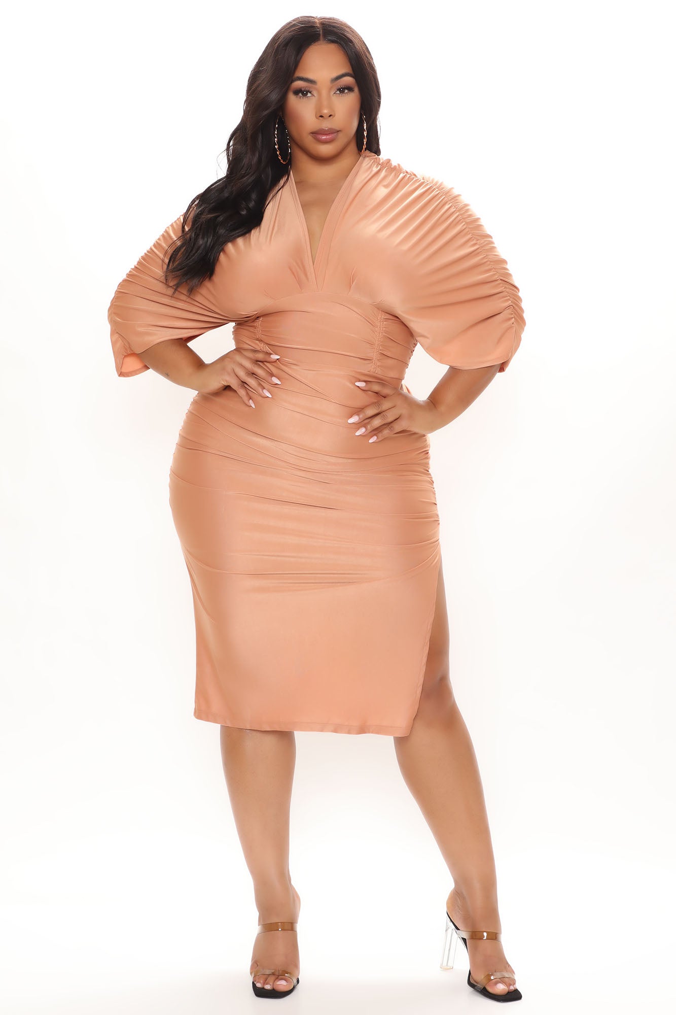 Mandy Ruched Midi Dress - Peach