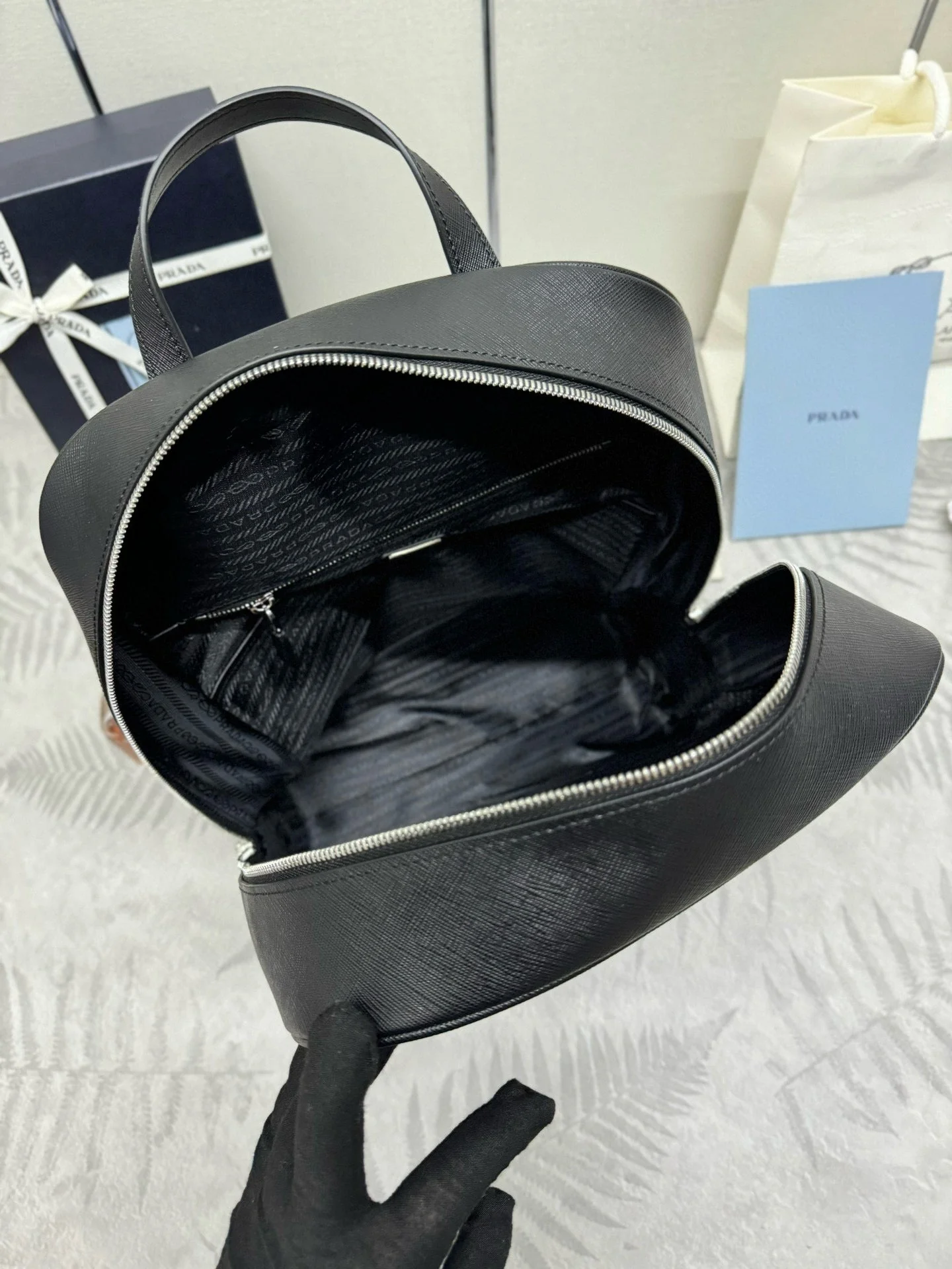 Prada Triangle-Logo Zipped Backpack Black Saffiano leather