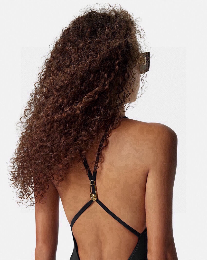 Versace Black Deep V Halter High-Cut One-Piece Swimsuit - KAIROO