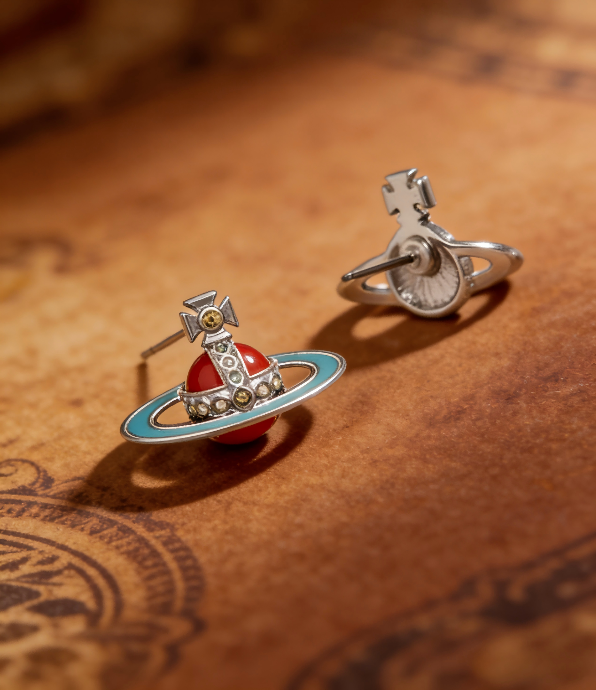 2026 New Vivienne Westwood Silver Tone Red Enamel Saturn Orb Stud Earrings for Women, Trendy Y2K Aesthetic Colorful Jewelry, Perfect for Daily & Party Wear