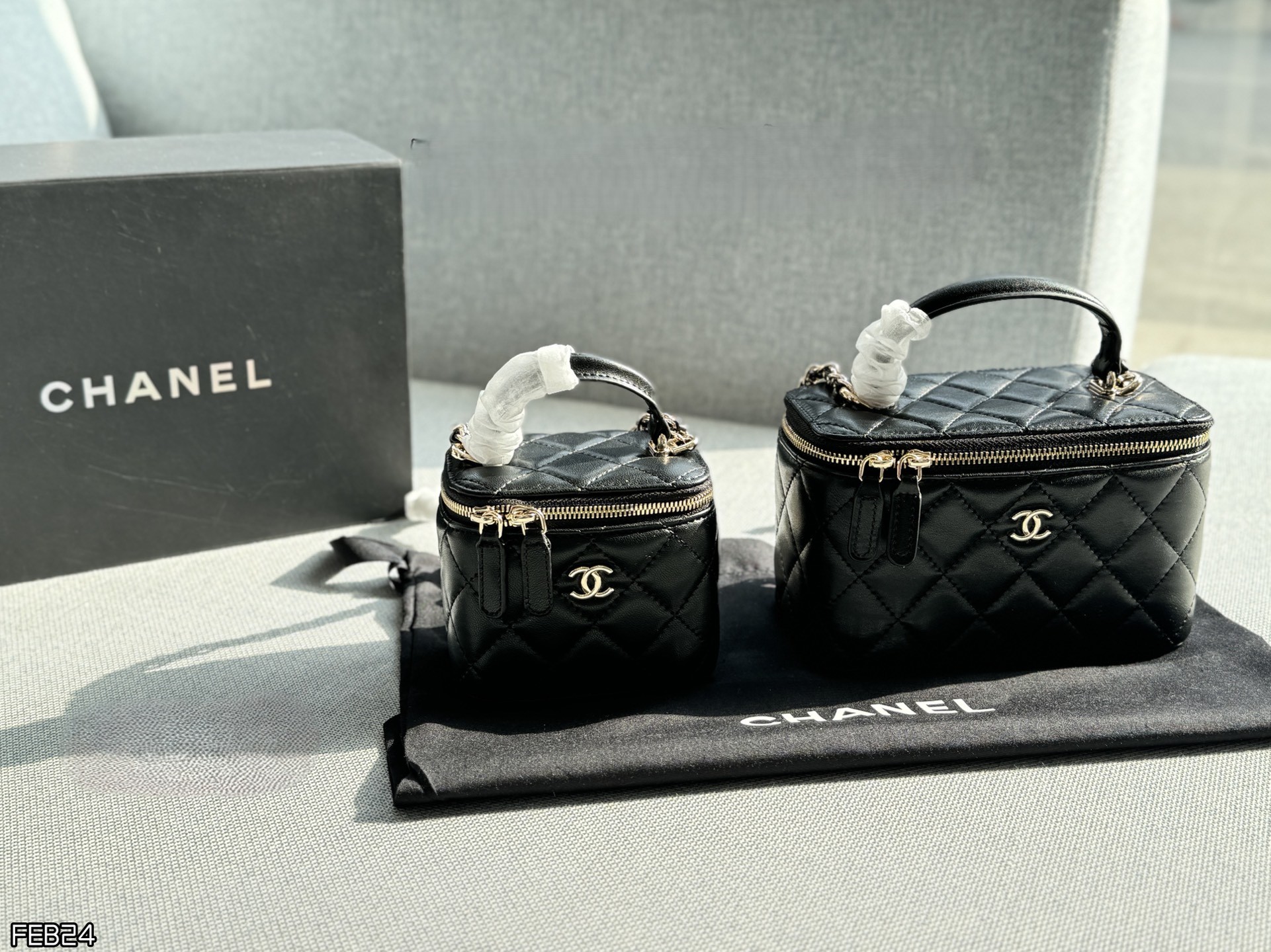 Chanel 24C Mini/Small Quilted Leather Boxy Vanity Case Top Handle Chain Crossbody Bag - KAIROO