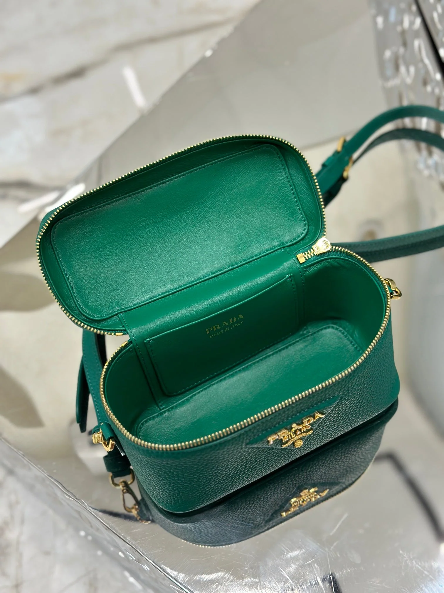 Prada VANITY CASE 18 IN EMERALD GREEN GRAINED CALFSKIN GOLD HARDWARE