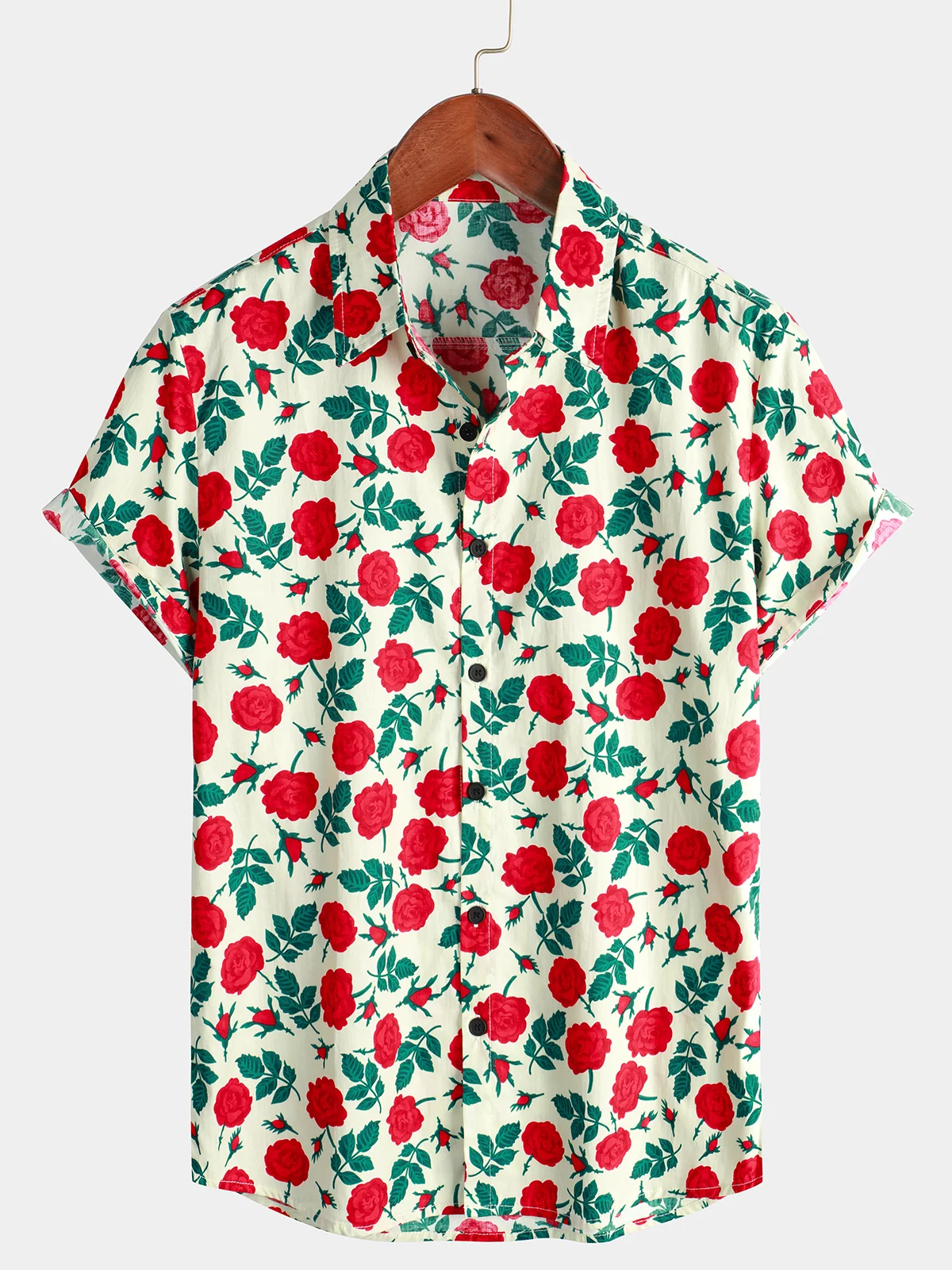 Men's Pink Print Cotton Breathable Summer Short Sleeve Shirt