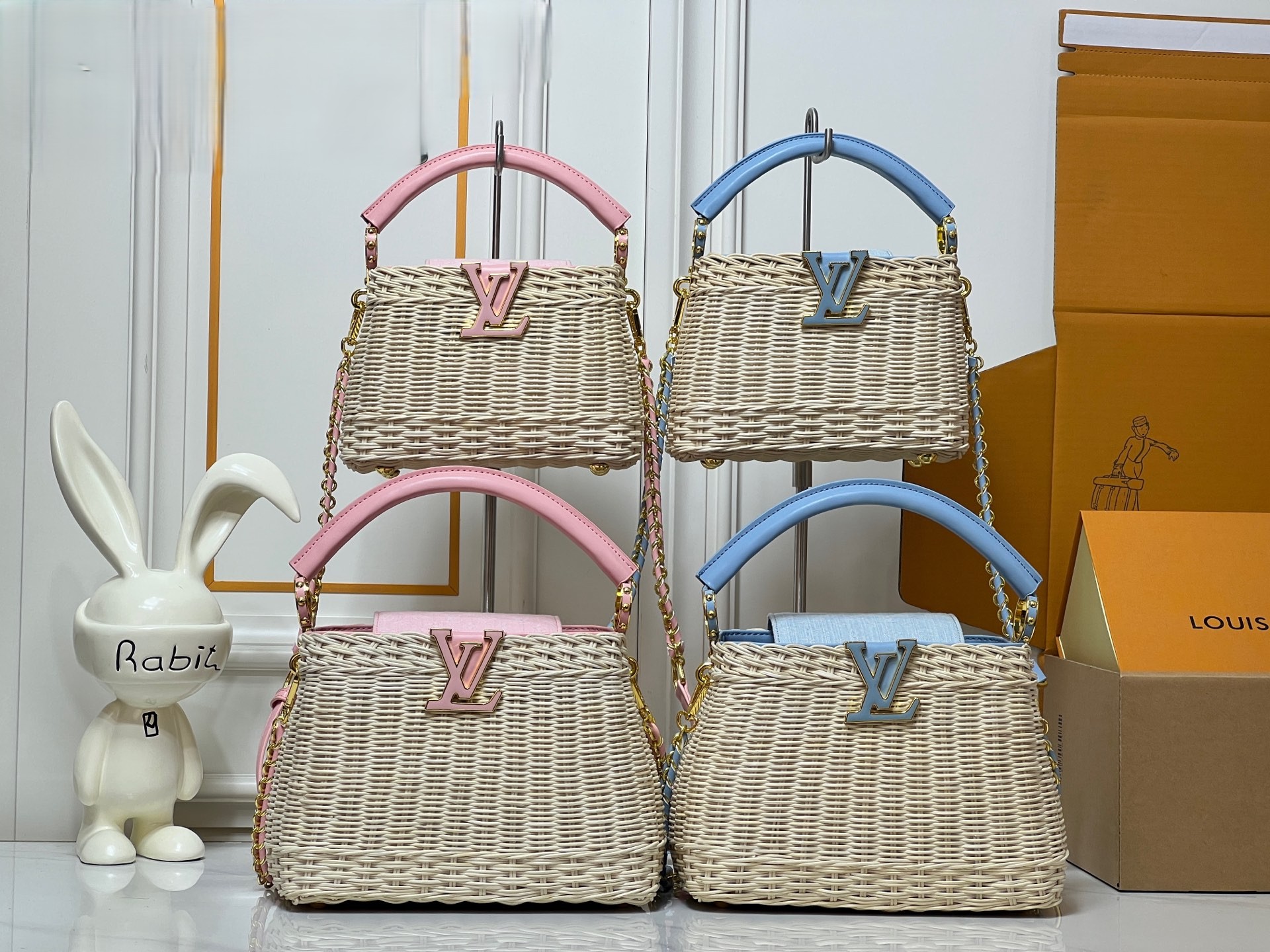 Louis Vuitton LV Capucines Weekender Wicker Rattan Monogram Denim Leather Top Handle Bag - KAIROO