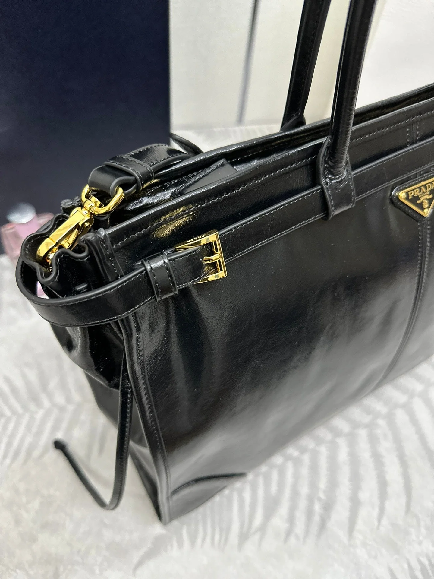 Prada TOTE BAG 42 IN BLACK OIL WAX LAMBSKIN GOLD HARDWARE