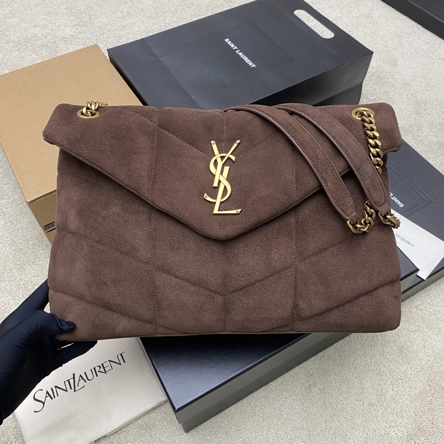 YSL Saint Cream Denim Medium Puffer Bag in Suede Leather 577475