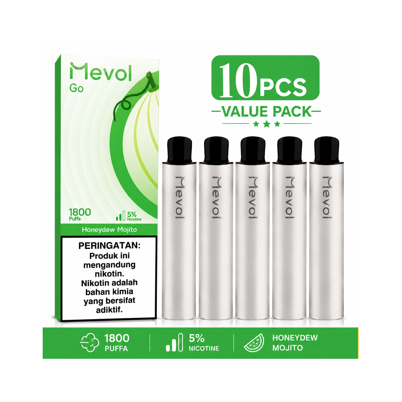 10Pcs Mevol Go 1800 Puffs 5% 5.2ml