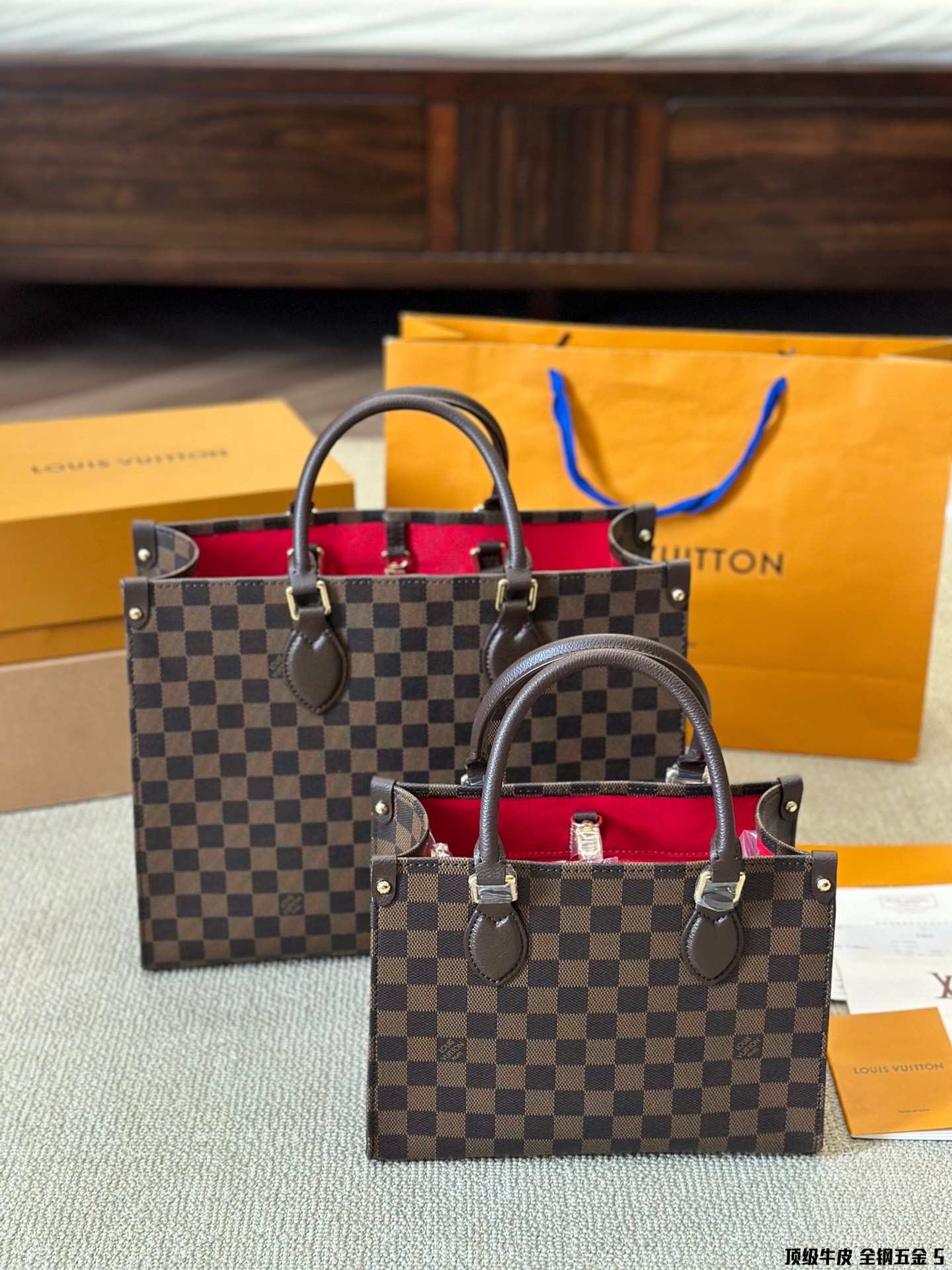 Louis Vuitton LV OnTheGo PM/MM Damier Ebene Checkerboard Canvas Leather Red Interior Top Handle Tote Bag - KAIROO