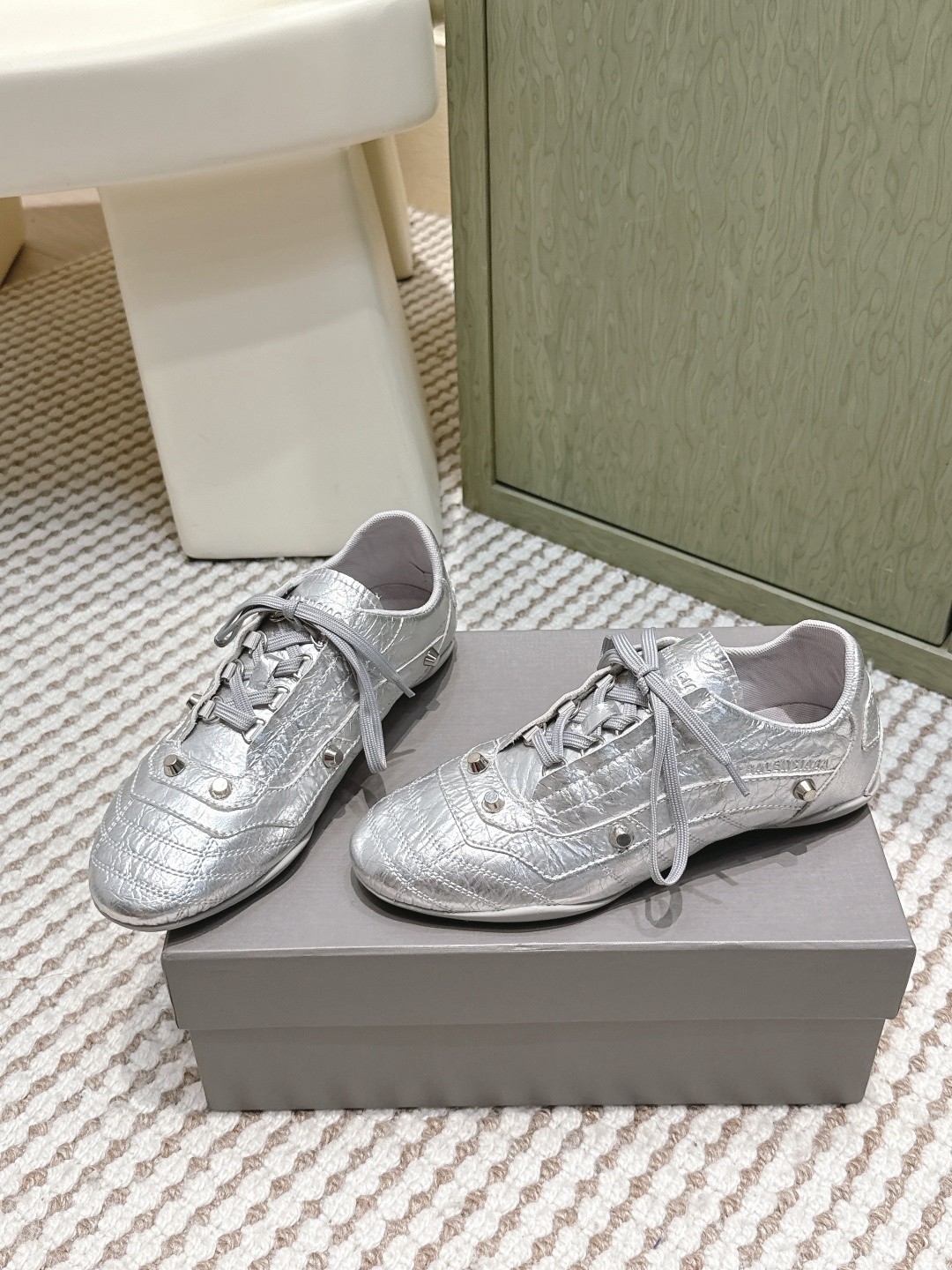 Balenciaga Cagole Silver Arena Studded Quilted Leather Speed GAT Sneakers - KAIROO