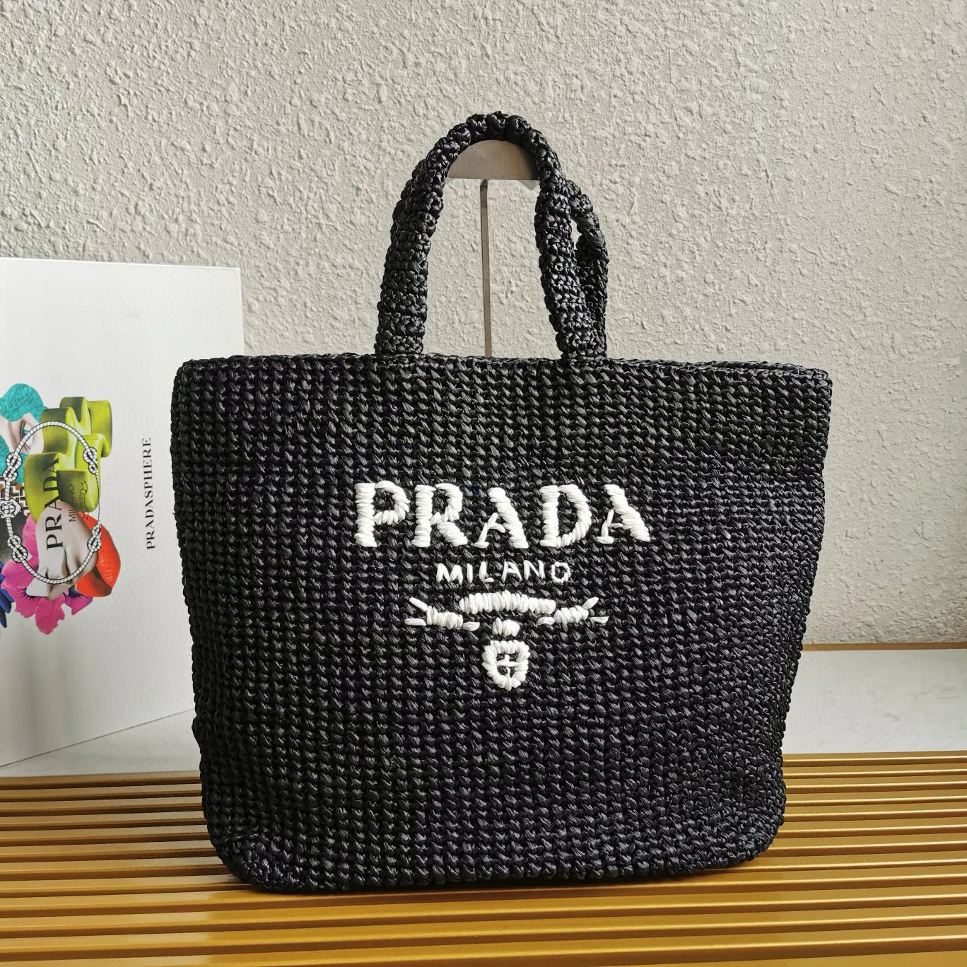 Prada crochet tote bag 40cm black raffia