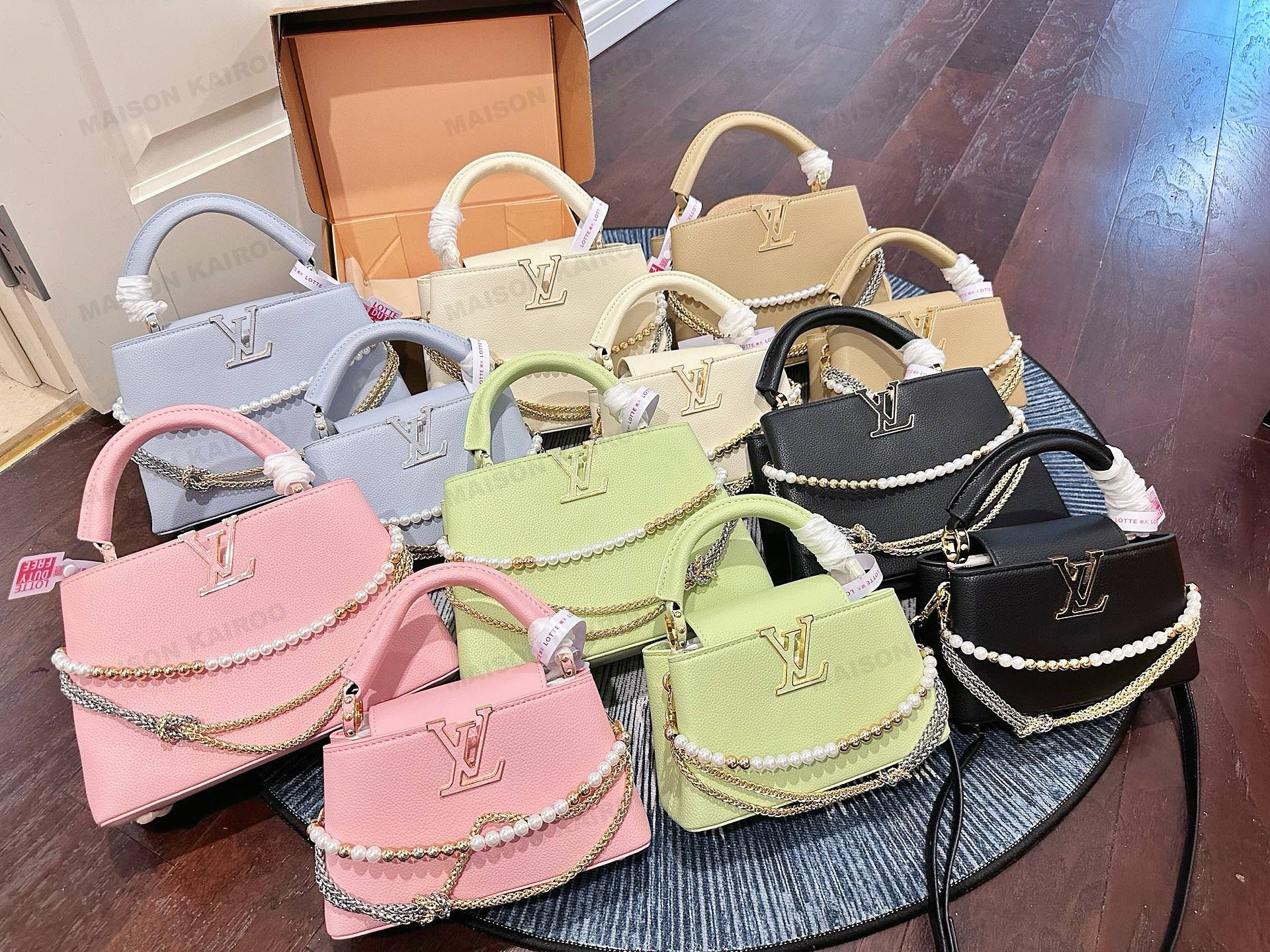Louis Vuitton LV Capucines BB/Mini Pastel Grained Leather Tone Logo Dual Pearl Chain Flap Top Handle Bag - KAIROO
