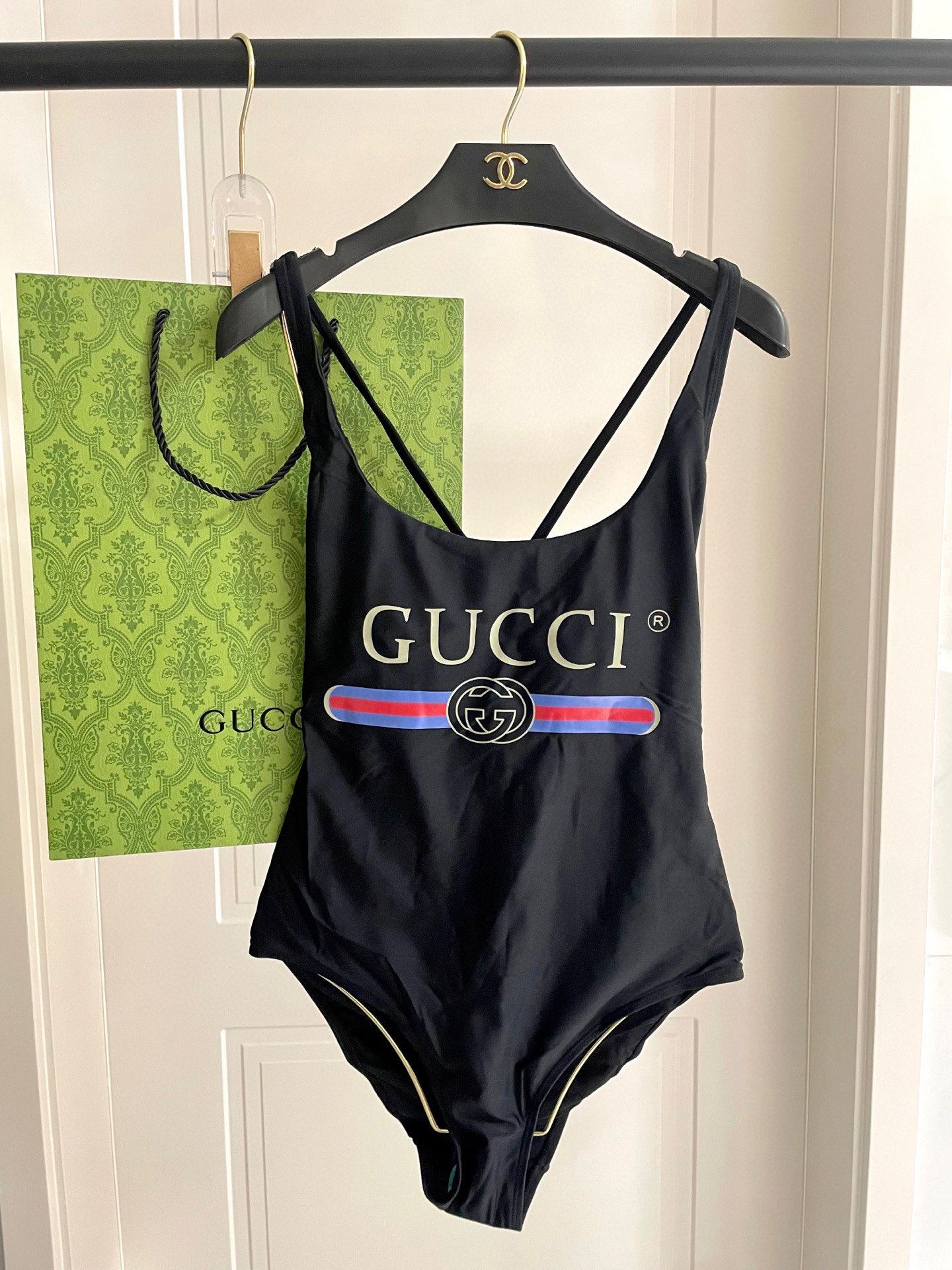 Gucci Web Stripe U-neck Interlocking G Print Crisscross Back One-Piece Swimsuit - KAIROO