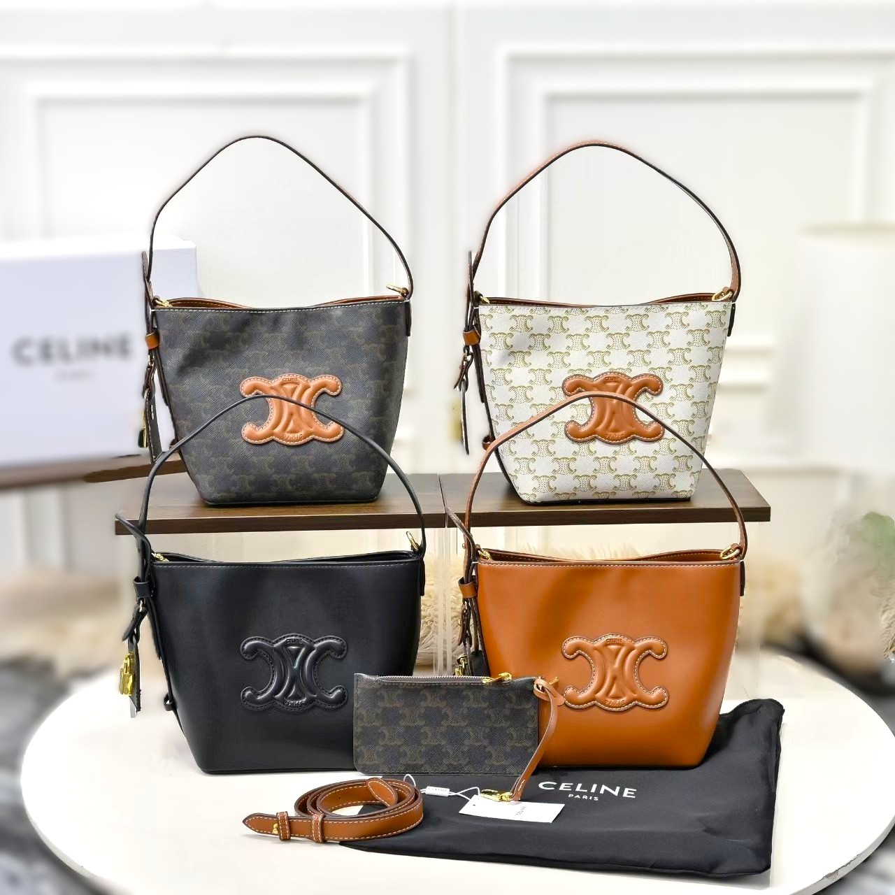 Celine Monogram Signature Print Leather Triomphe Logo Patch Crossbody Bucket Bag with Pouch - KAIROO