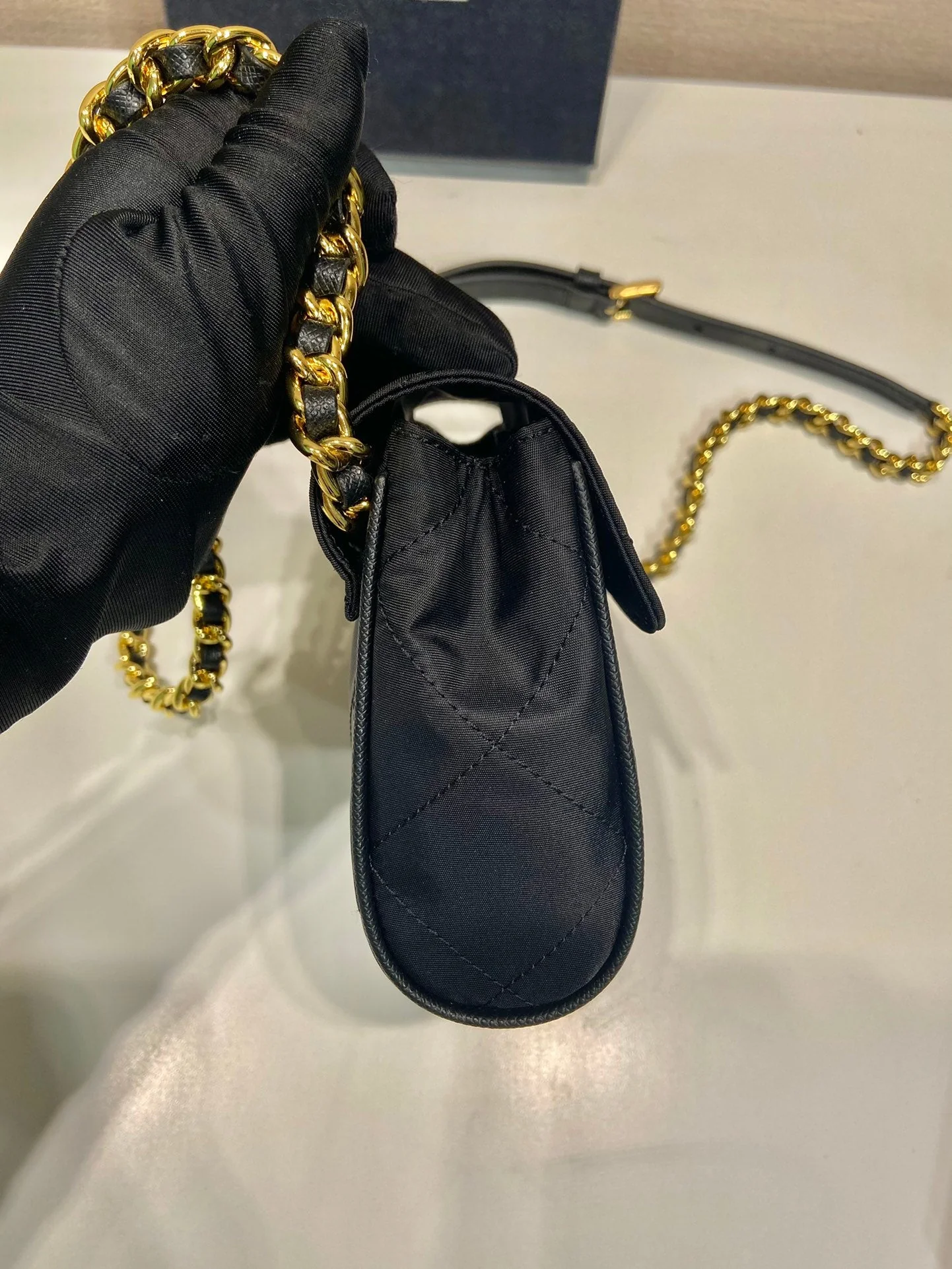 Prada MINI QUILTED FLAP BAG 14 IN BLACK RE-NYLON FABRIC GOLD CHAIN