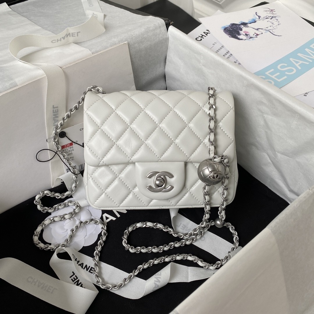 Chanel Mini Square CF 17CM Silver Ball Pearl Crush Quilted Leather Flap Chain Shoulder Bag /10A - KAIROO