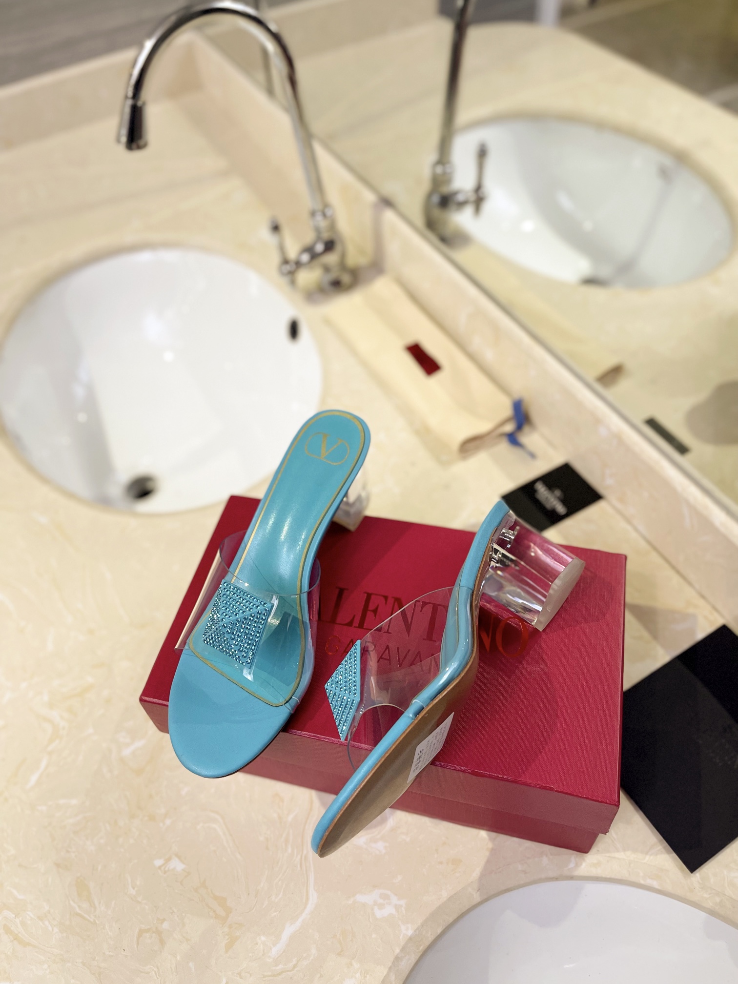 Valentino Rockstud Spike Turquoise Blue Leather Square Crystal Stud Clear PVC Strap Block Slip-on Mules Heels - KAIROO