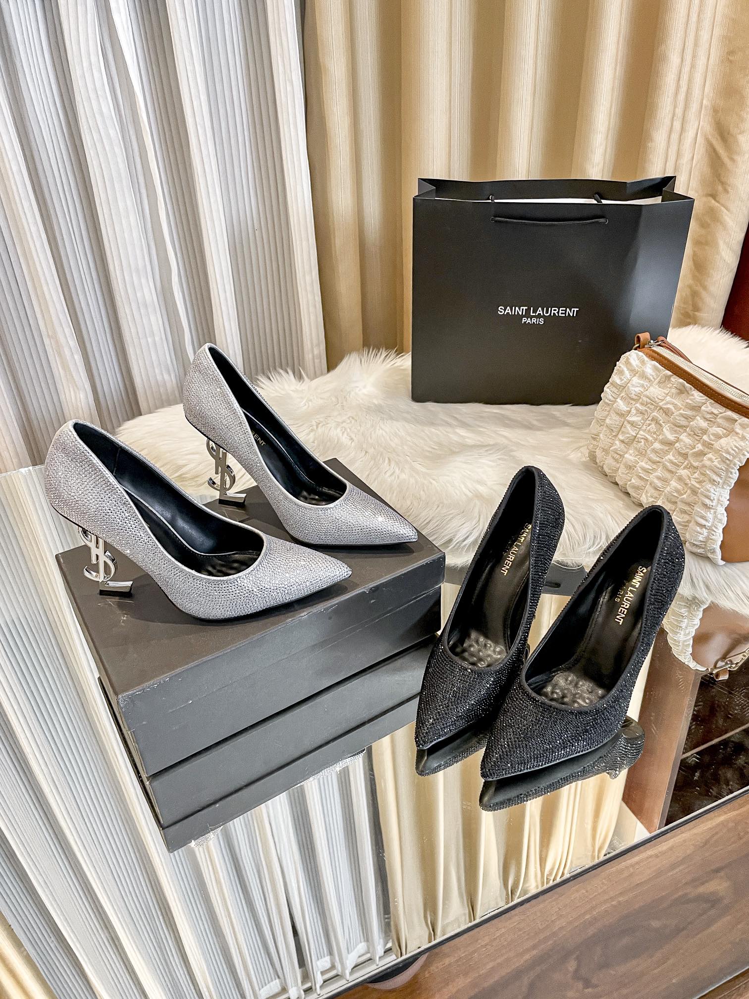 Saint Laurent Opyum Full Crystal Leather Silver & Black YSL Logo Pointed Toe Pumps High Heels - KAIROO