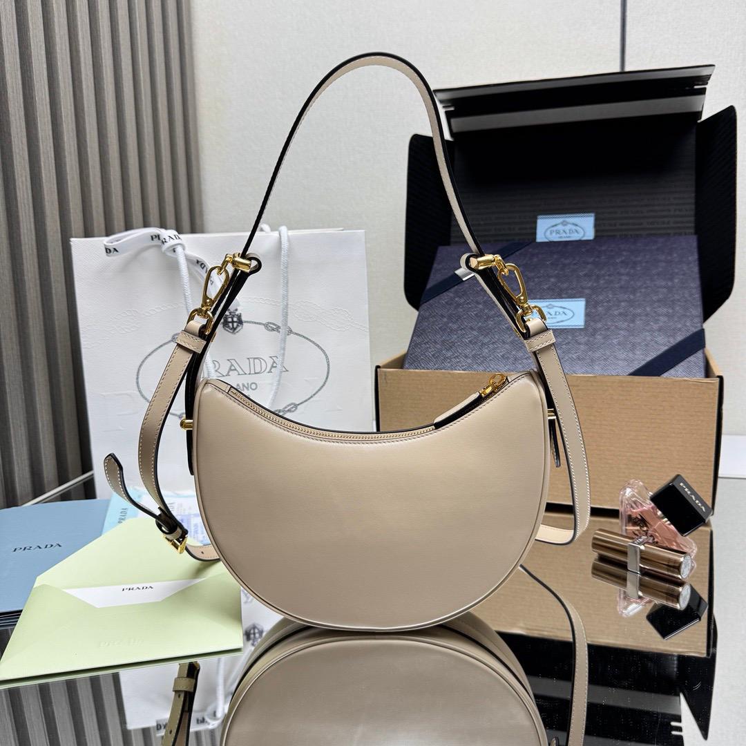 Prada Arqué Small Leather Shoulder Moon Bag Ivory Cream