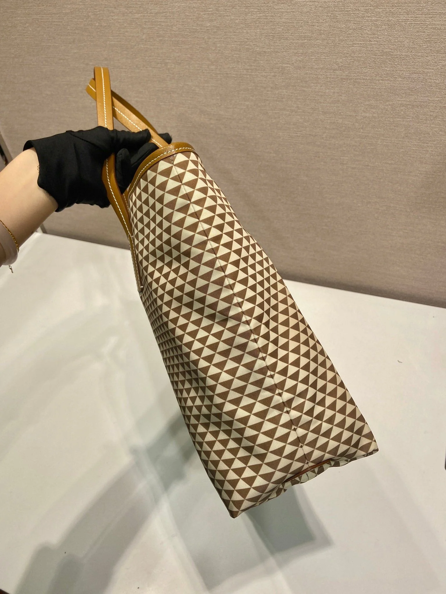 Prada TOTE BAG 33 IN BROWN MIX CREAM TRIANGLE PATTERN EMBROIDERED FABRIC