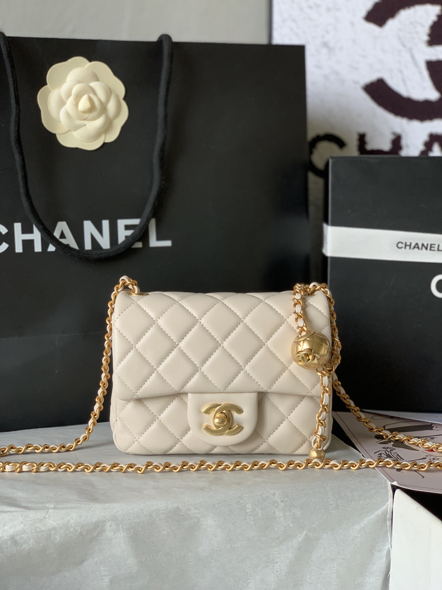 Chanel Mini Square CF 17CM Gold Ball Pearl Crush Quilted Leather Flap Chain Shoulder Bag - KAIROO