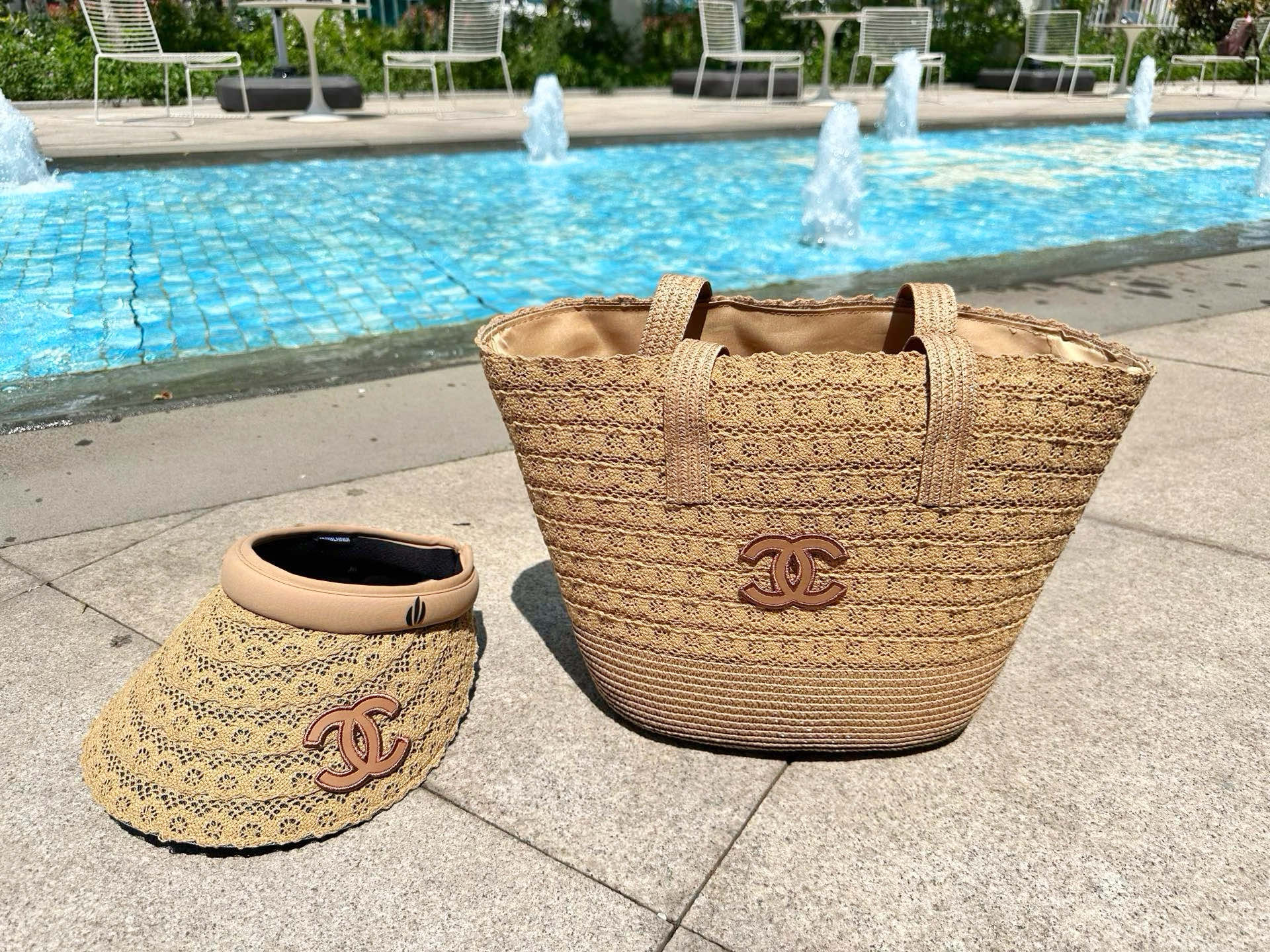 Chanel Crochet Straw Lace Raffia Shopping Tote Bag & Matching Sun Visor Hat Beach Set - KAIROO