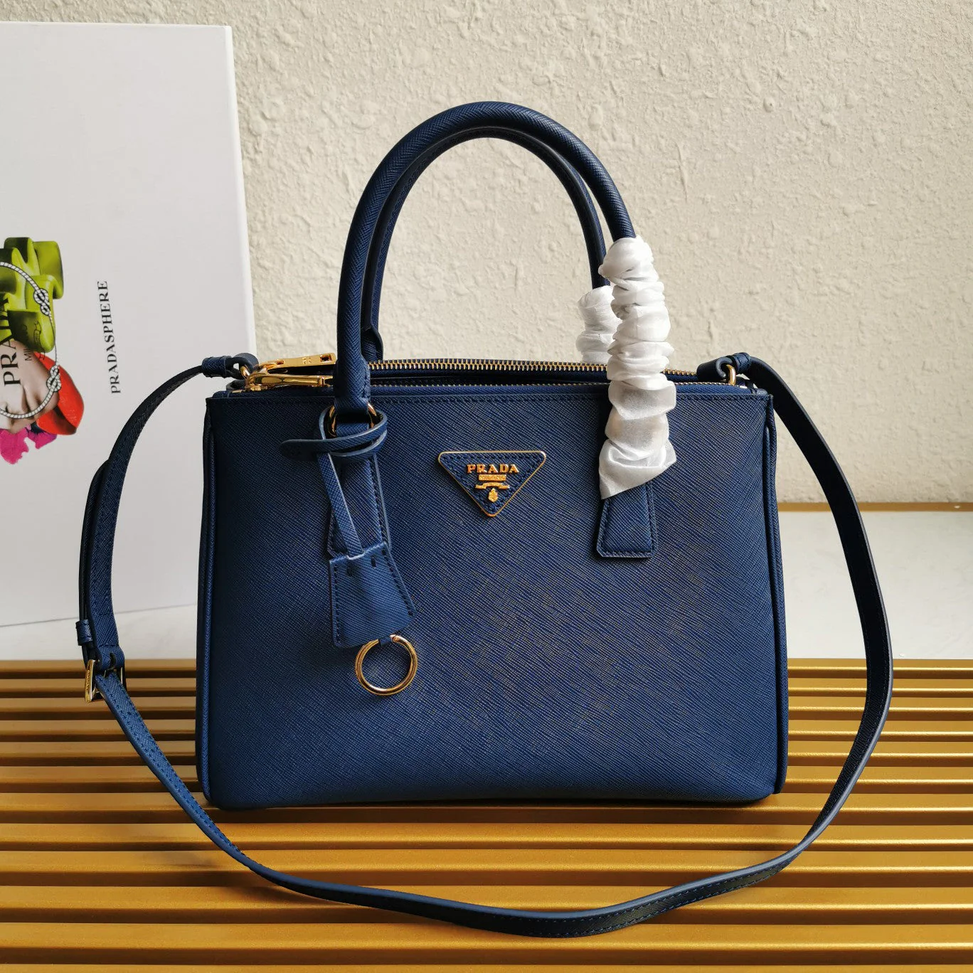 Prada GALLERIA 28 BAG IN NAVY BLUE SAFFIANO LEATHER