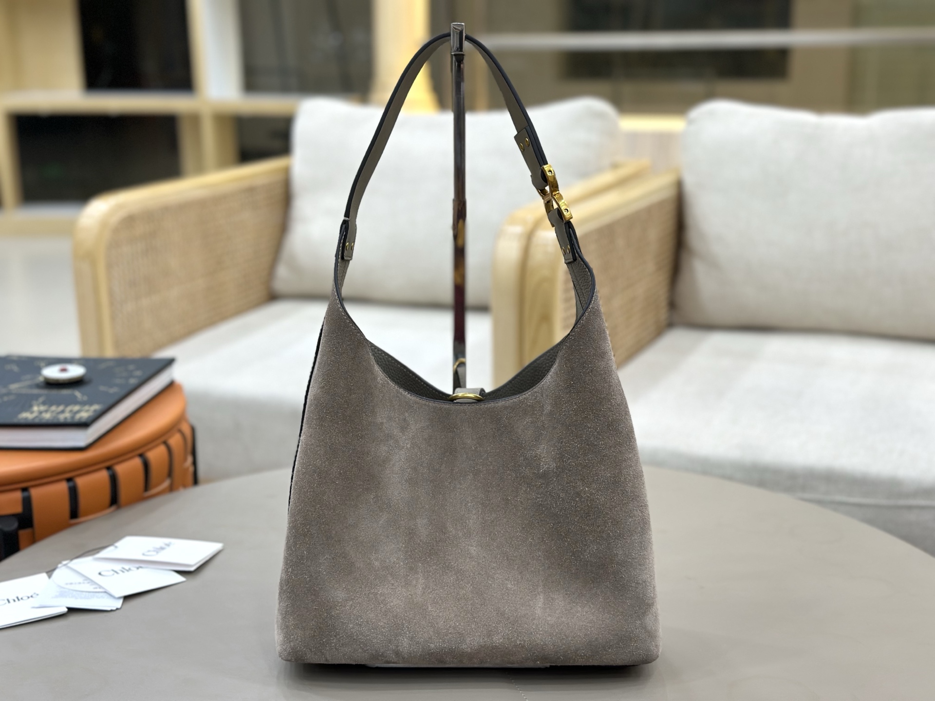 Chloe Small Marcie Hobo Bag in Suede Calfskin-Grey