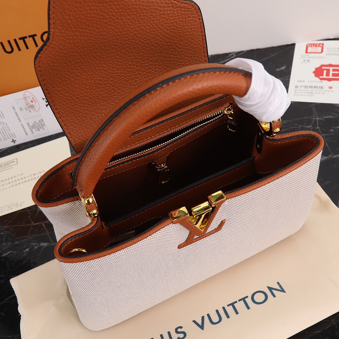 Louis Vuitton Bags lv Calfskin handles and canvas tote bag