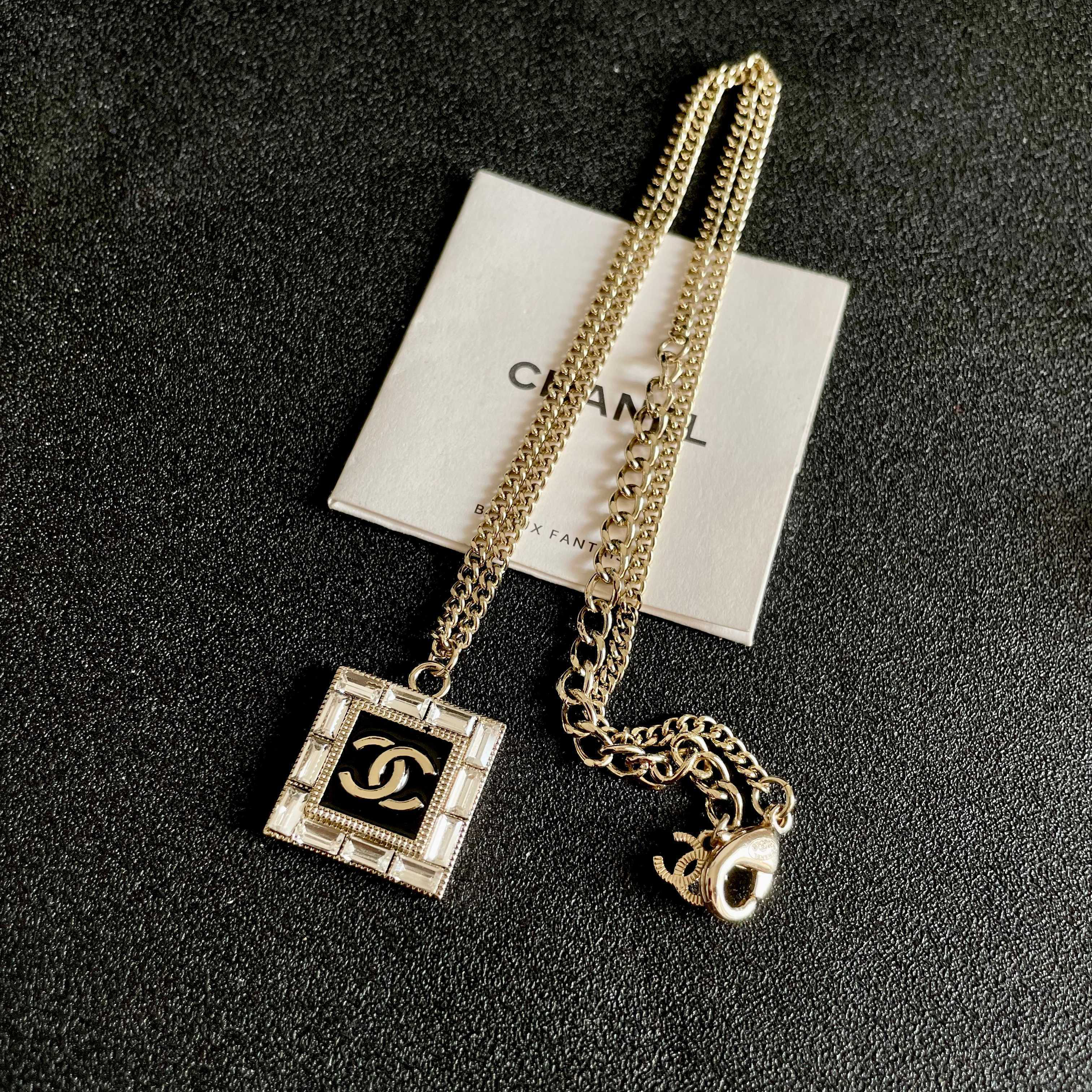 Chanel Square CC Baguette Crystal Black Enamel Pendant Necklace - KAIROO