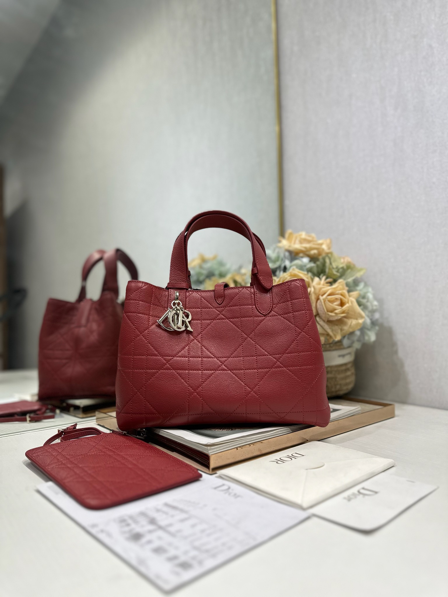 Dior Medium Toujours in Dark Red Cannage Goatskin
