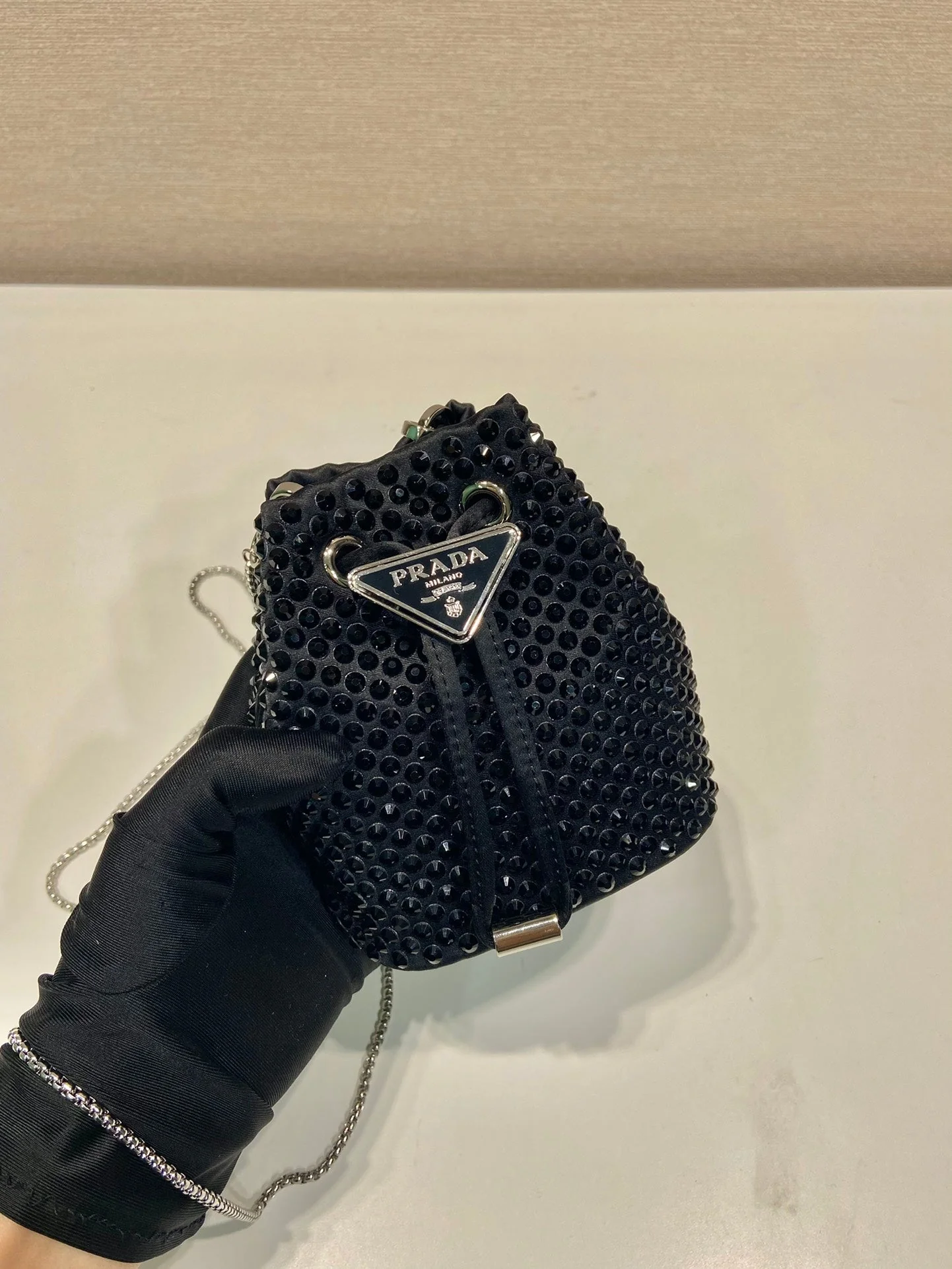 Prada MINI BUCKET BAG 12 IN BLACK NYLON FABRIC EMBELLISHED FULL CRYSTALS