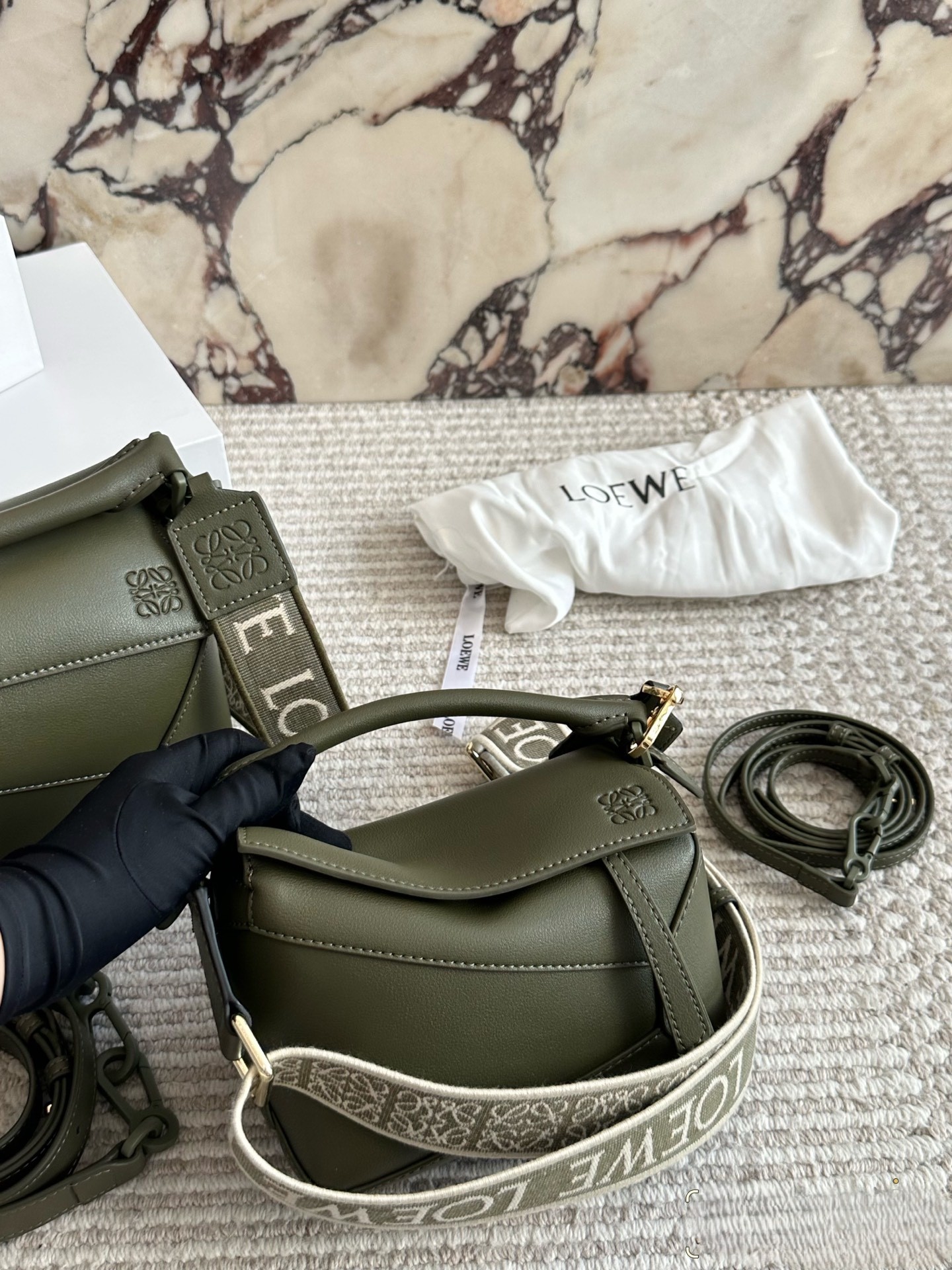 Loewe Puzzle 18/24 Olive Green Edge Calfskin Leather Monogram Webbing Strap Handle Shoulder Bag - KAIROO