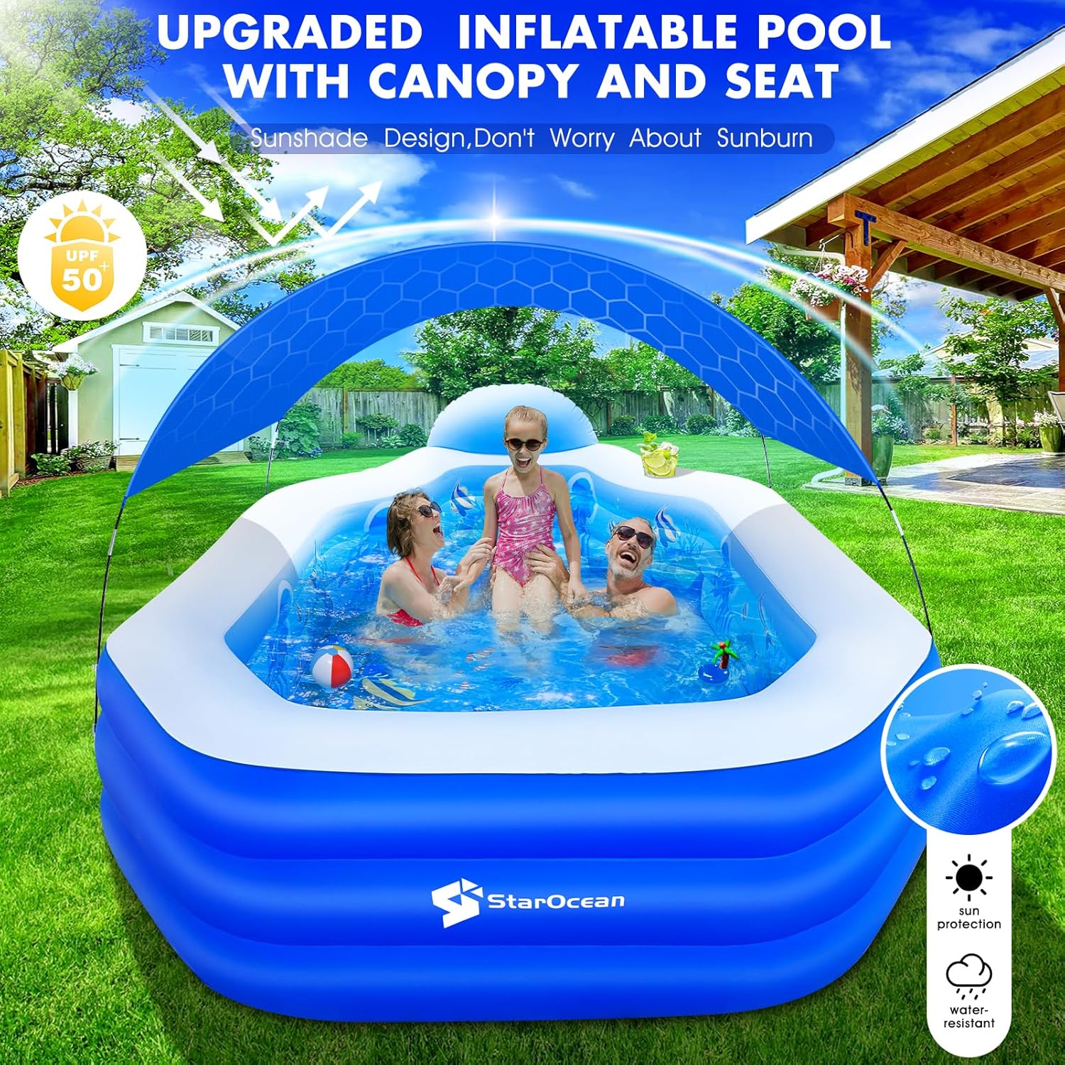 Inflatable Pool with Canopy, Large Inflatable Swimming Pool for Kids,Adult, Blow Up Pools with Seats,Backrest.Durable Thickened Inflatable Family Pools for Backyard,118