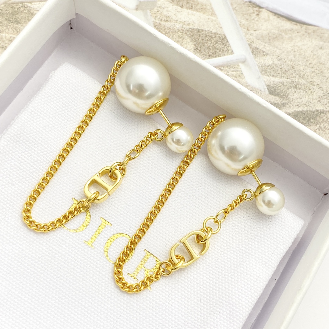 Dior CD Tassel Chain Double Bead Stud Earrings