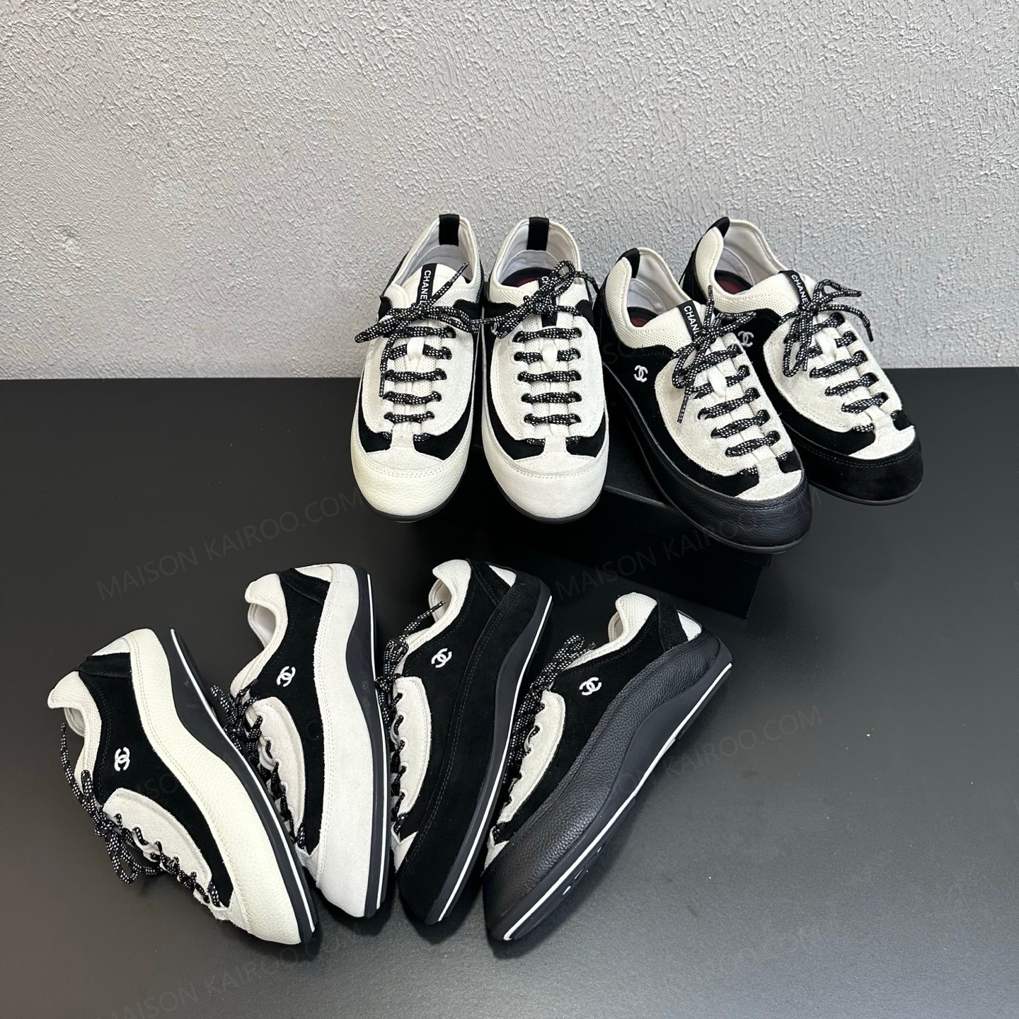 Chanel CC Logo Prada Suede& Calfskin Grained Leather Wave Panel Stitching Trainer Low Top Sneaker - KAIROO