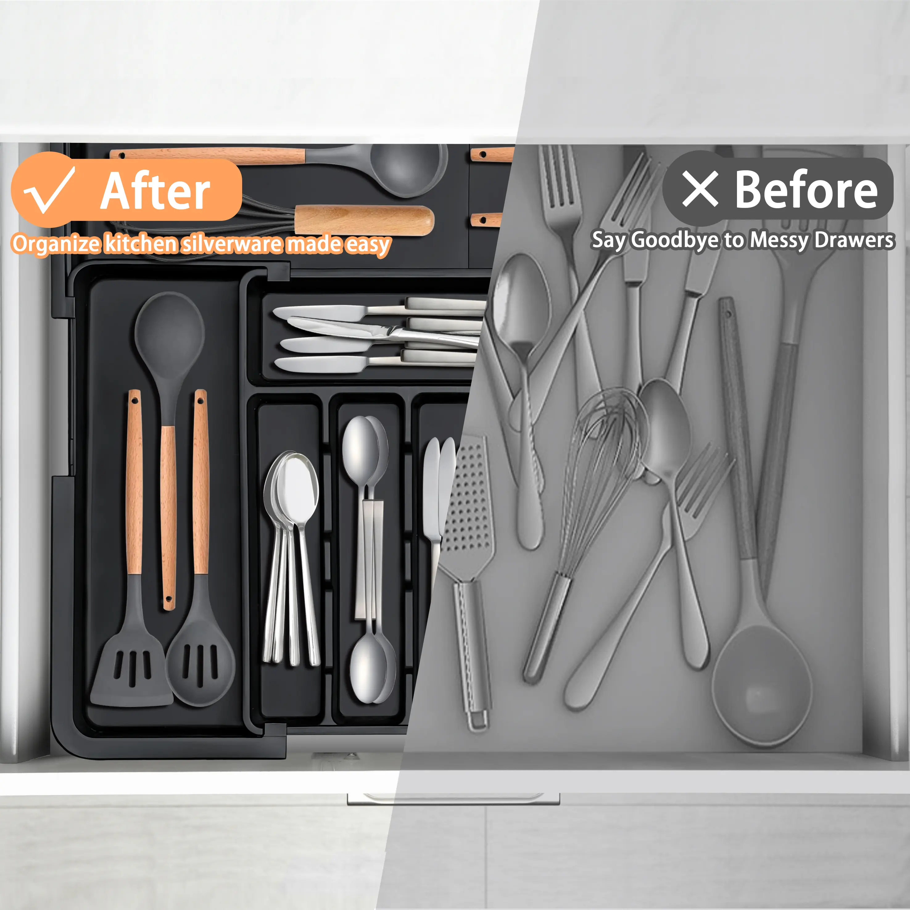 Dual-Expandable Silverware Drawer Organizer (9-Compartment) - Custom-Fit BPA-Free Kitchen Utensil Tray for Flatware, Knives & Spatulas