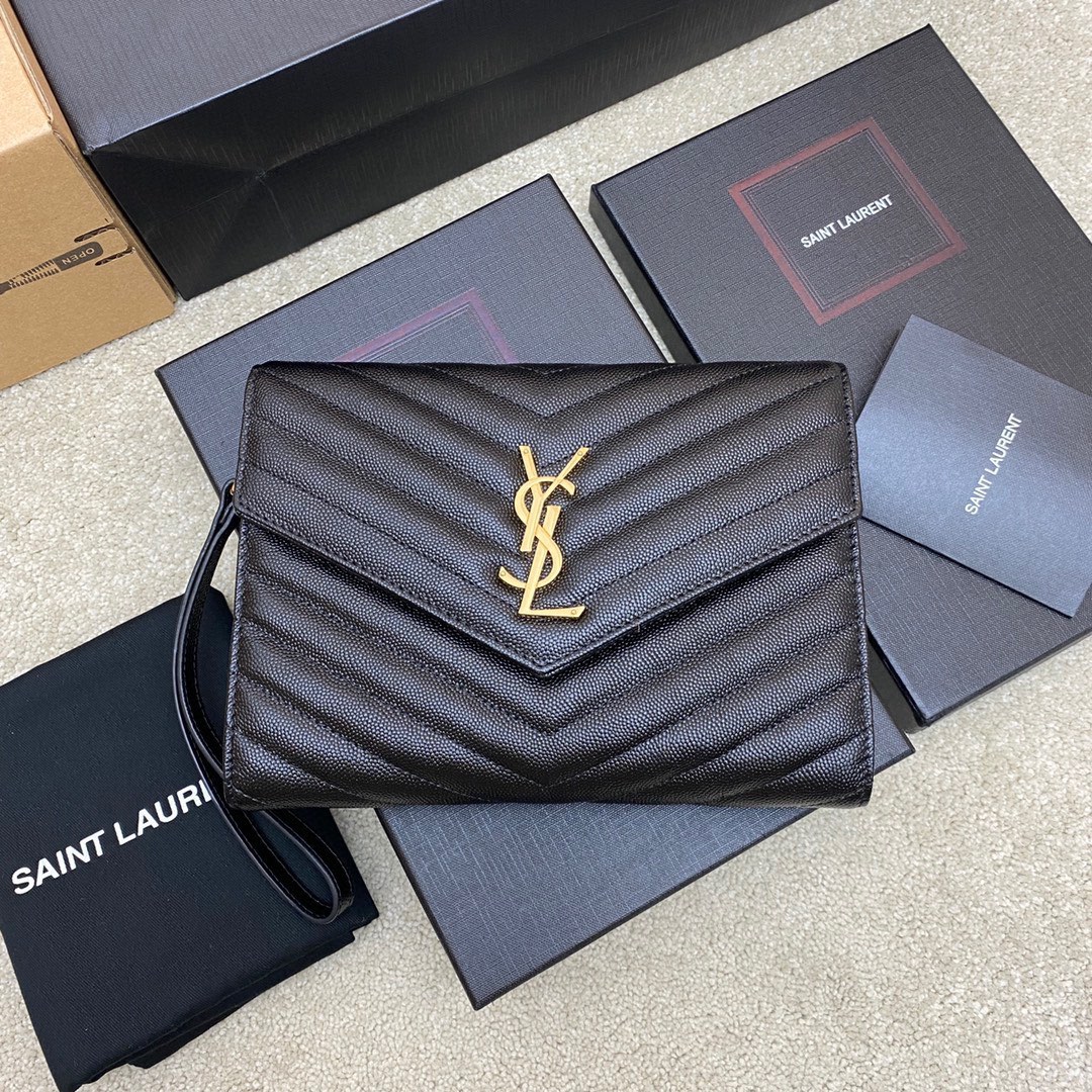 Saint Laurent Black Cassandre Flap Pouch in Grained leather