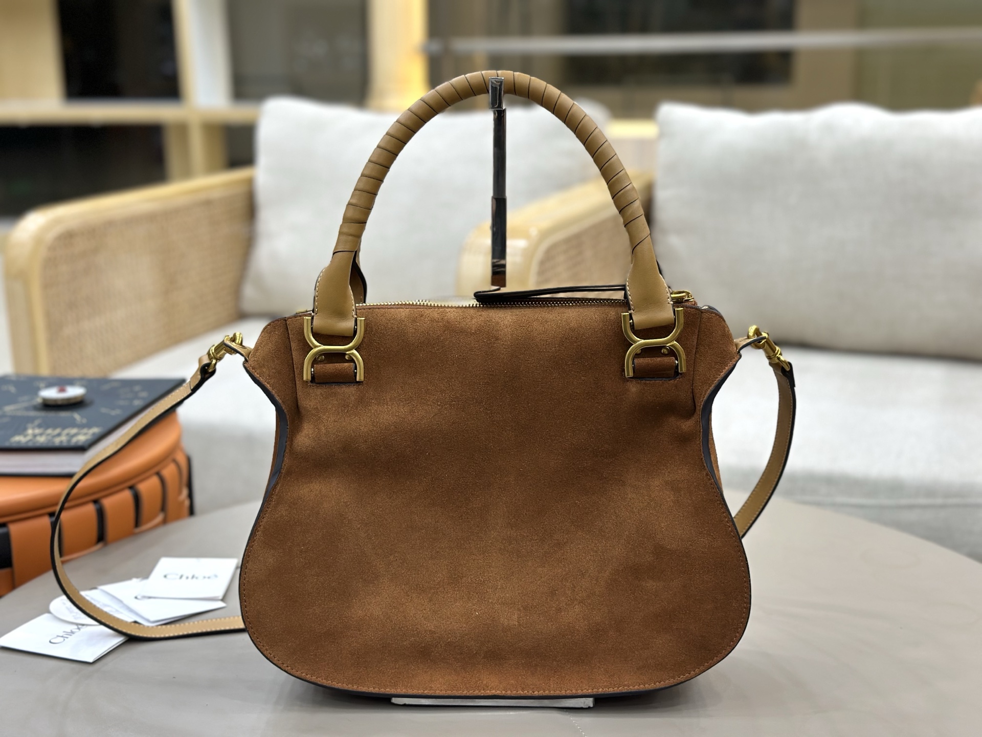 Chloe Small Marcie Bag in Suede Leather-Brown