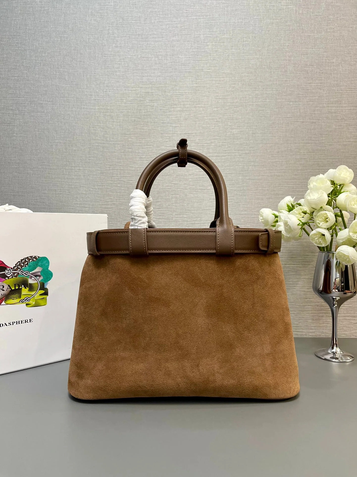 Prada MEDIUM TOTE BAG WITH 35 IN RUSSET BROWN SUEDE