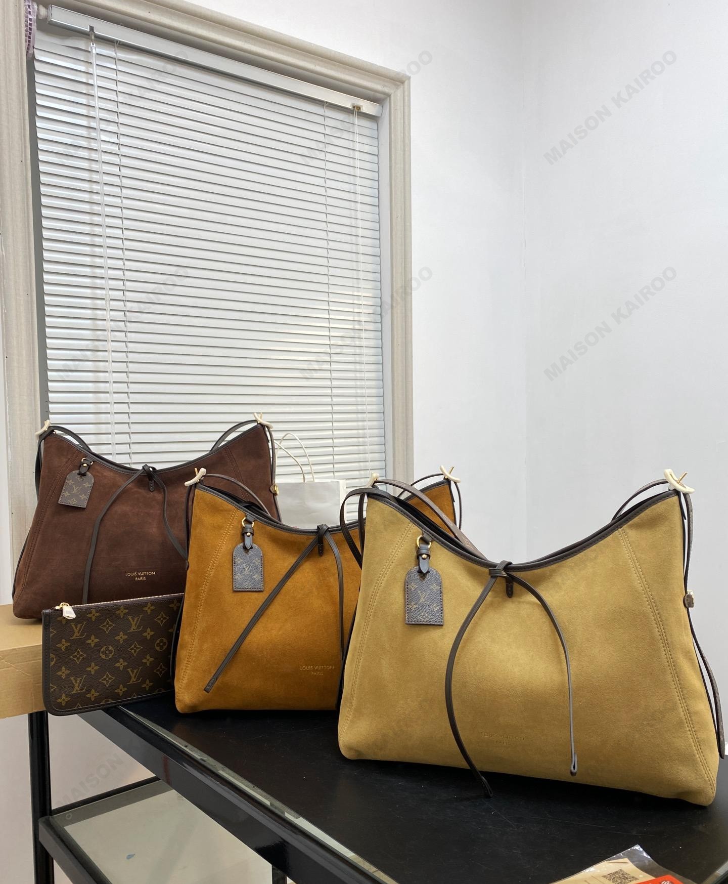 Louis Vuitton LV CarryAll Cargo Suede Leather Monogram Strap Side Pocket Hobo Tote Shoulder Bag - KAIROO