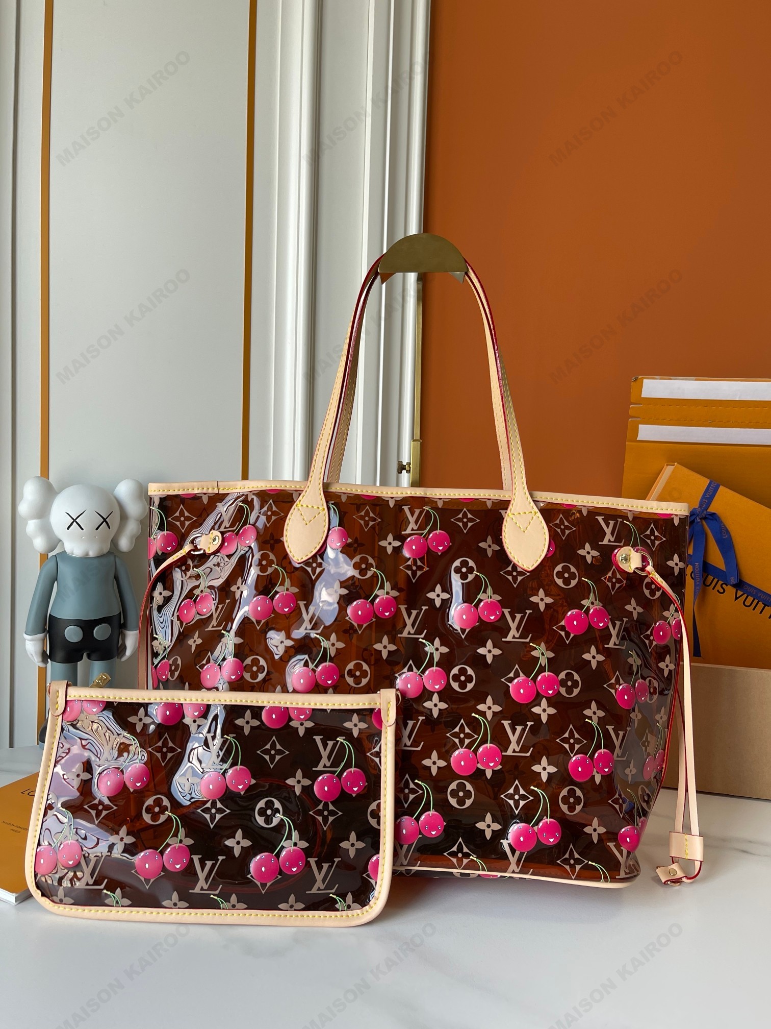 Louis Vuitton LV x TM Neverfull MM PVC Transparent Clear Cherry Print Monogram Pool Tote Bag With Pouch - KAIROO