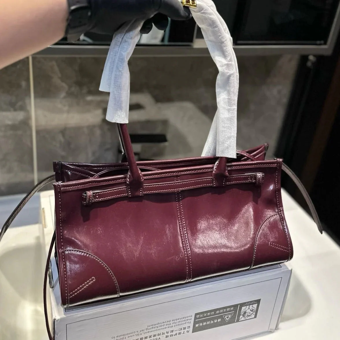 Prada BONNIE SOFT LUX HANDBAG 32 IN BURGUNDY RED PATENT CALFSKIN